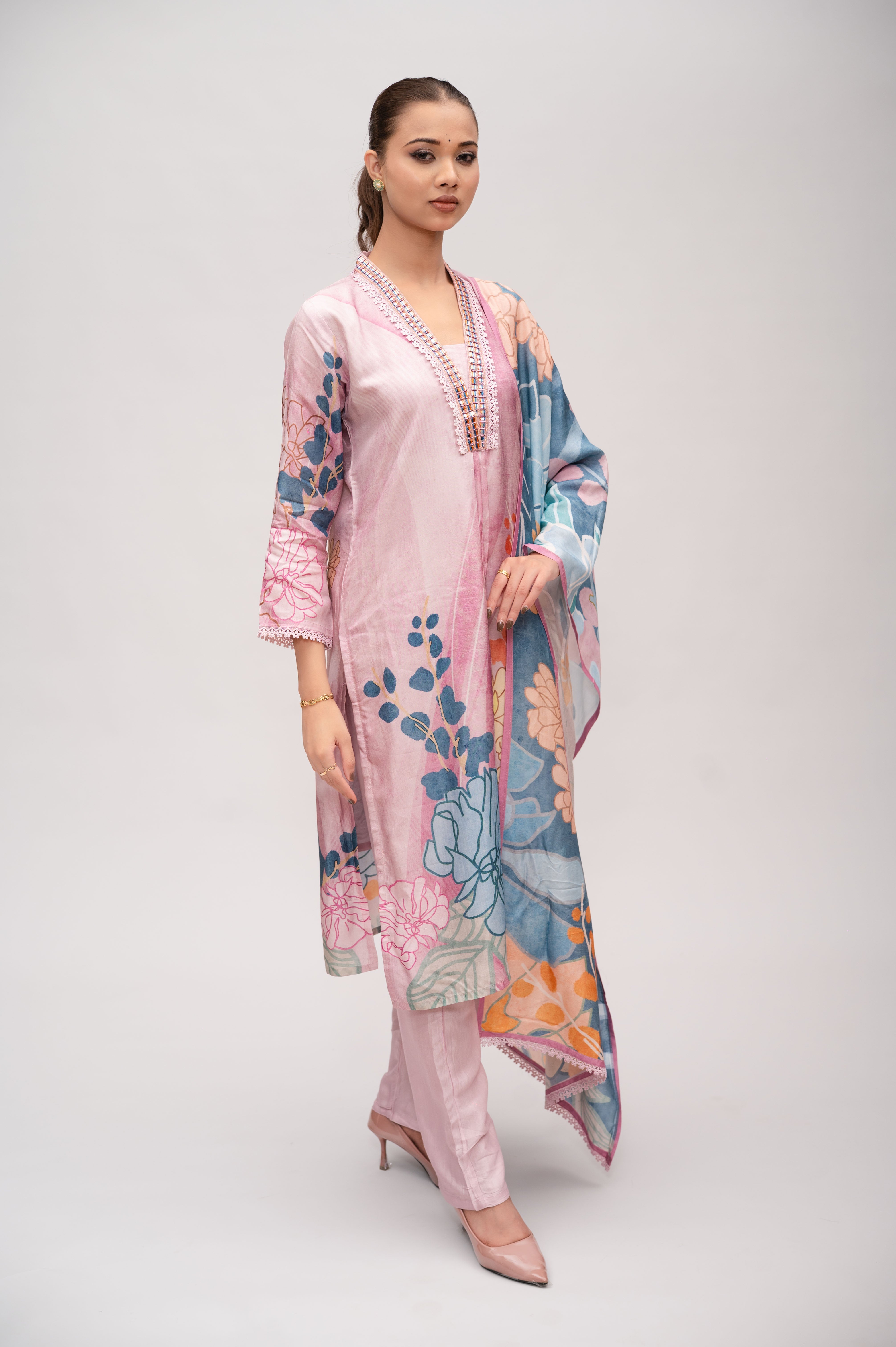 Pastel Pink Silk Suit with Pant and Dupatta – Lace and Mirror Embroidery