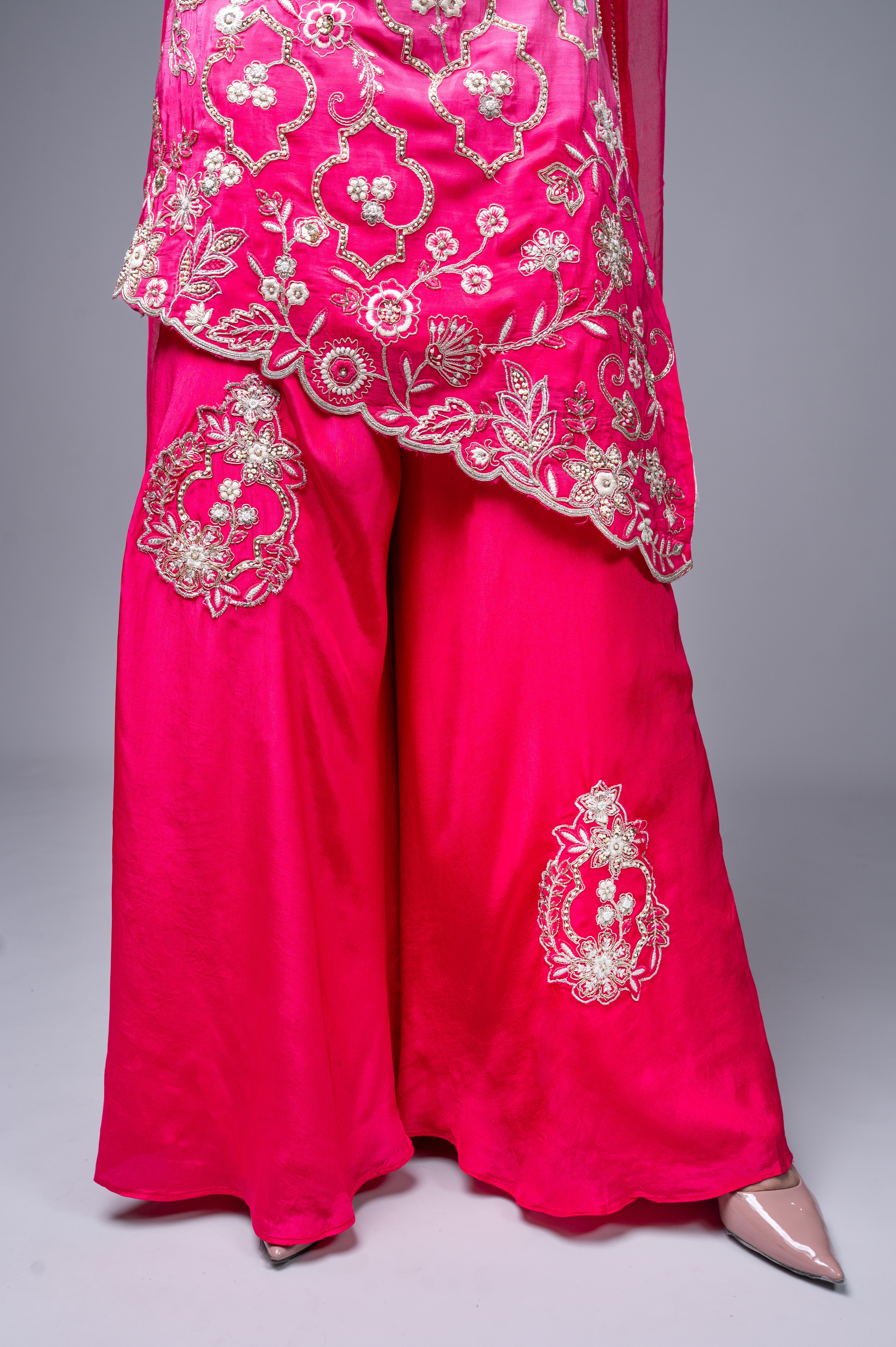 Dark Pink-Cream Shaded Crepe Palazzo Suit with Pearl Embroidered Work