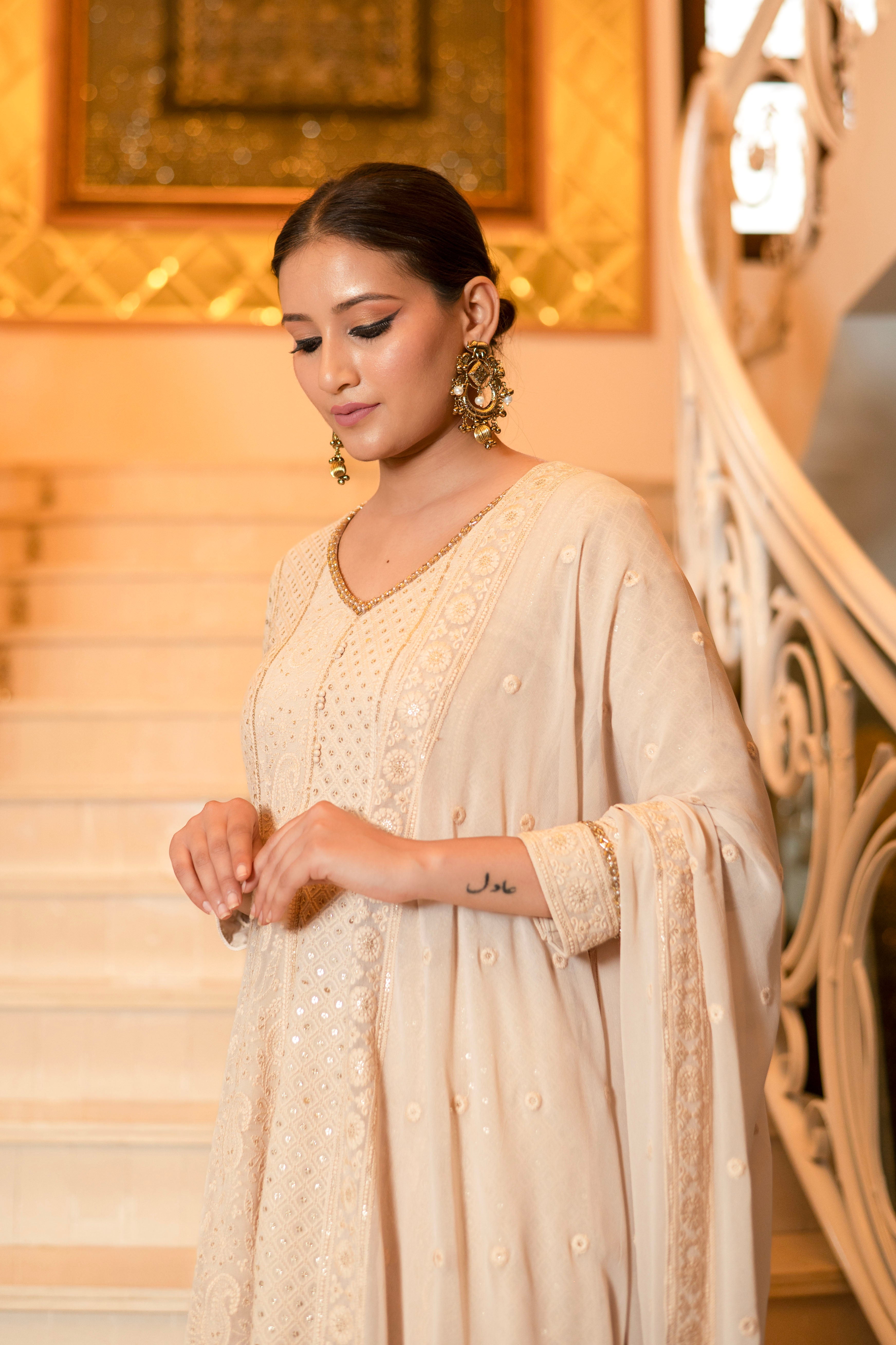 Ivory Cream Lucknowi Anarkali Kurta and Palazzo Sets