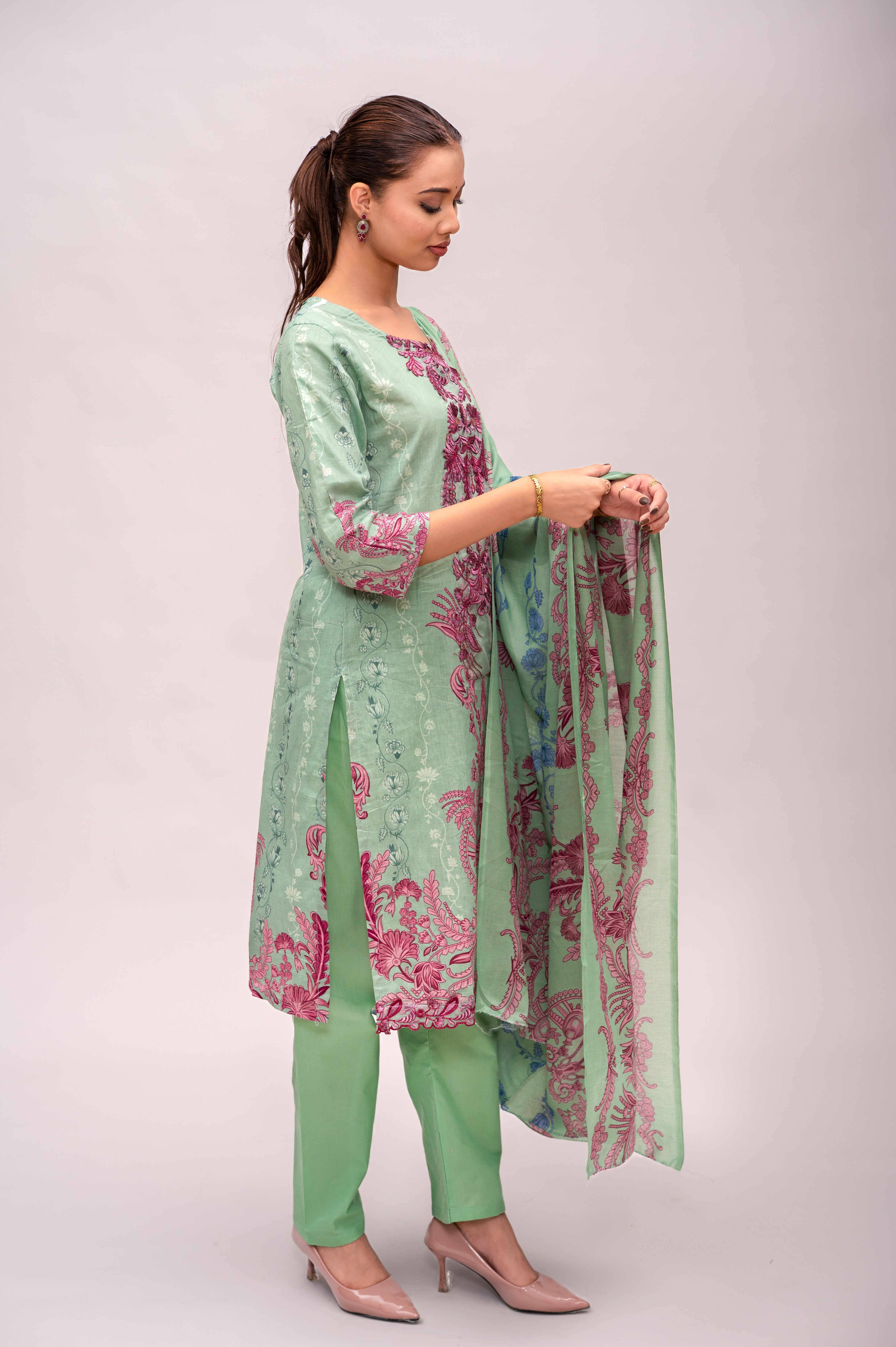 Pastel Green Lawn Cotton Suit with Plain Bottom and Printed Dupatta