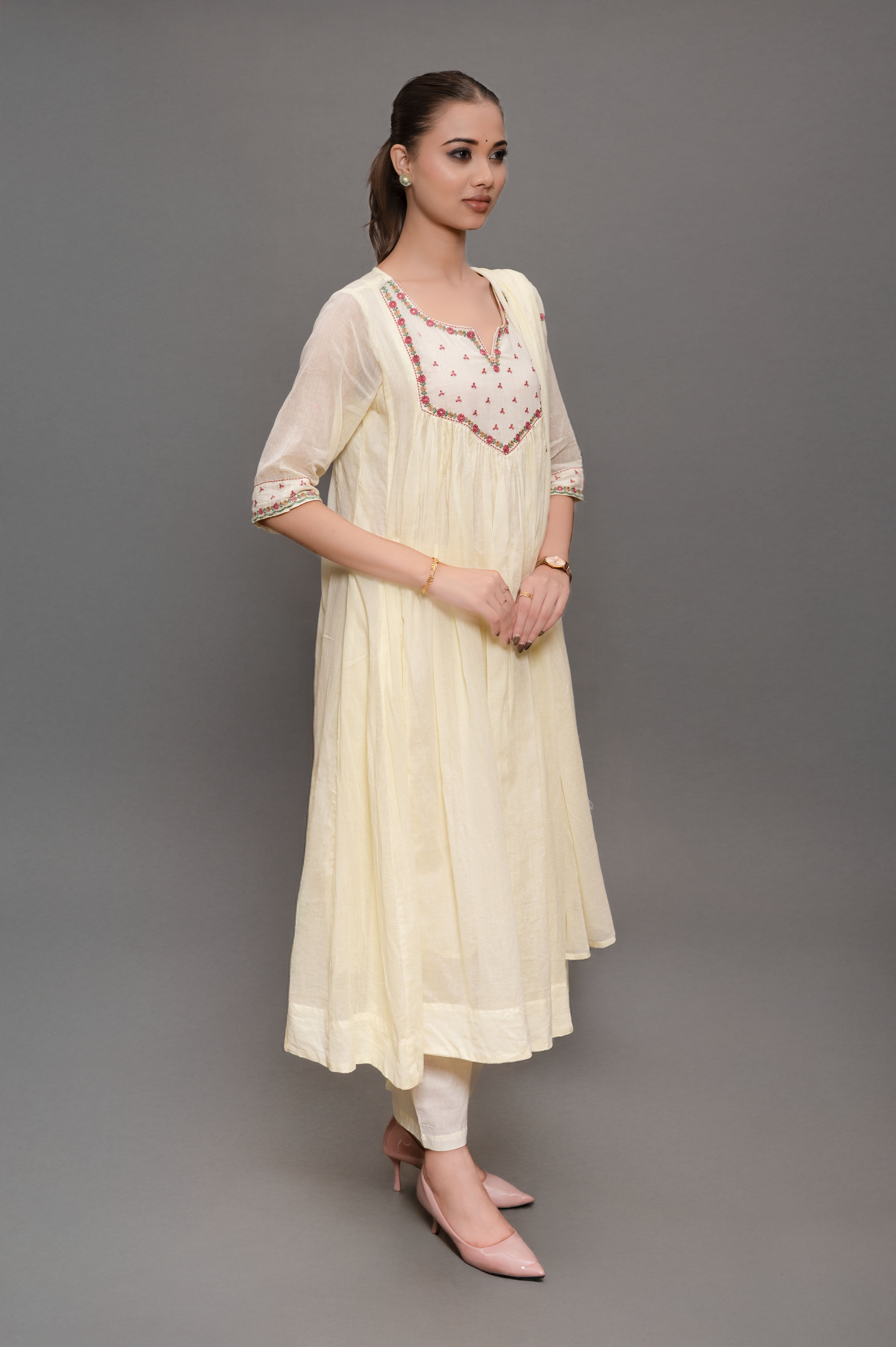 Off White Frock Suit with Pant & Dupatta WithThread Embroidery