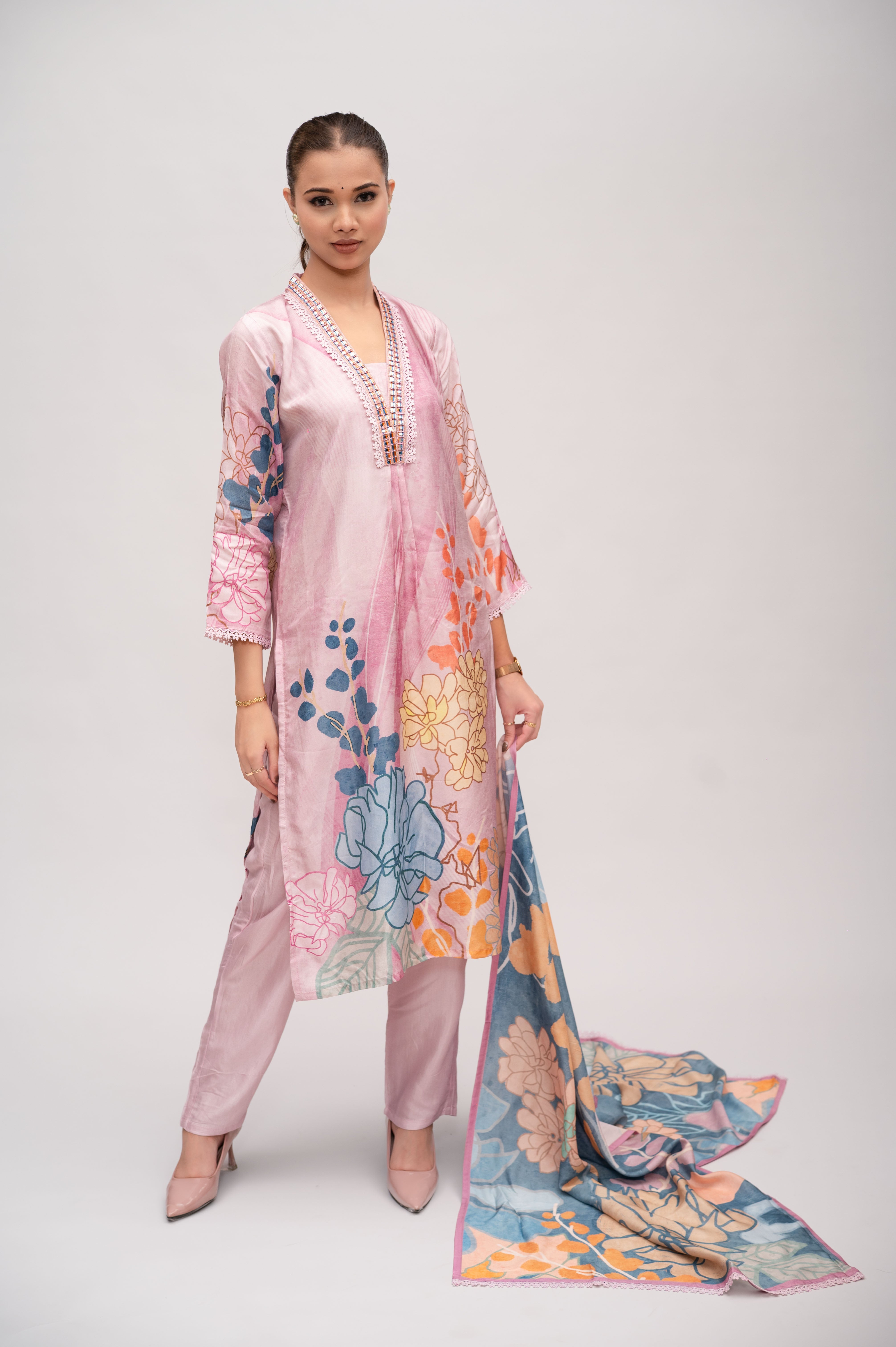 Pastel Pink Silk Suit with Pant and Dupatta – Lace and Mirror Embroidery