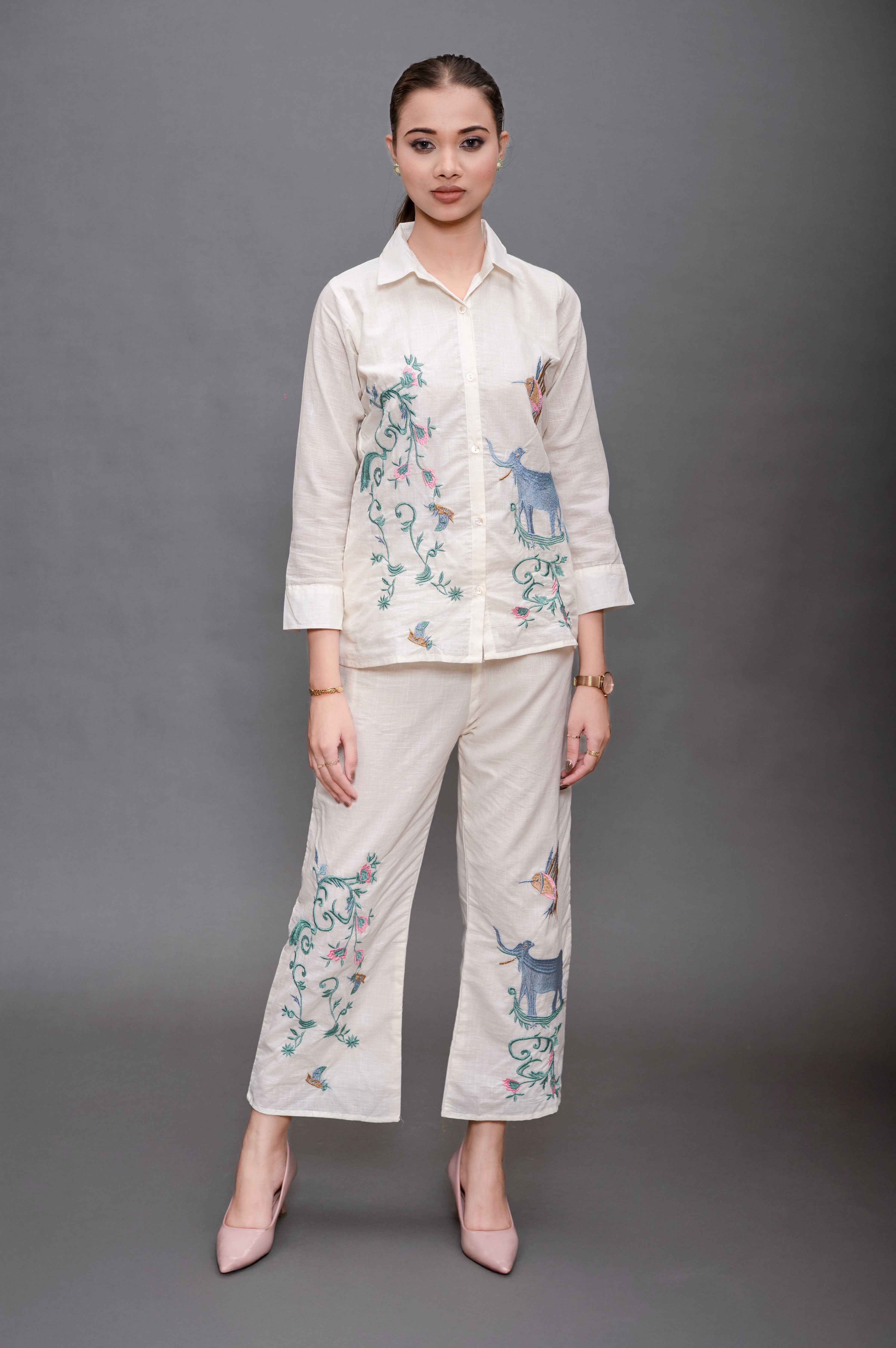 Cream White Cotton Cord Set with Embroidery and Animal Motifs