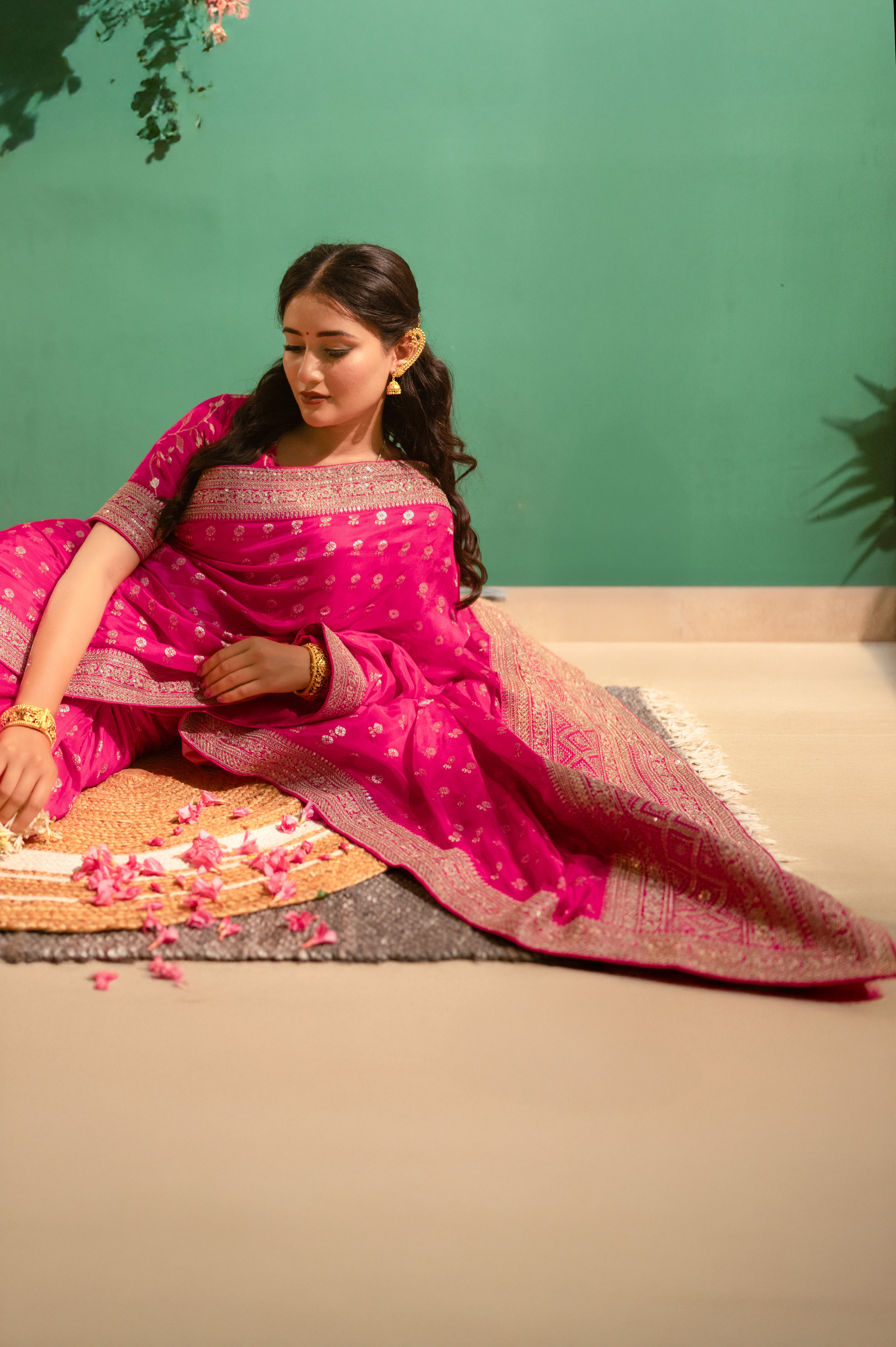 Fushcia Rani Pink Silk Saree with Golden Buti Work and Rich Zari Border