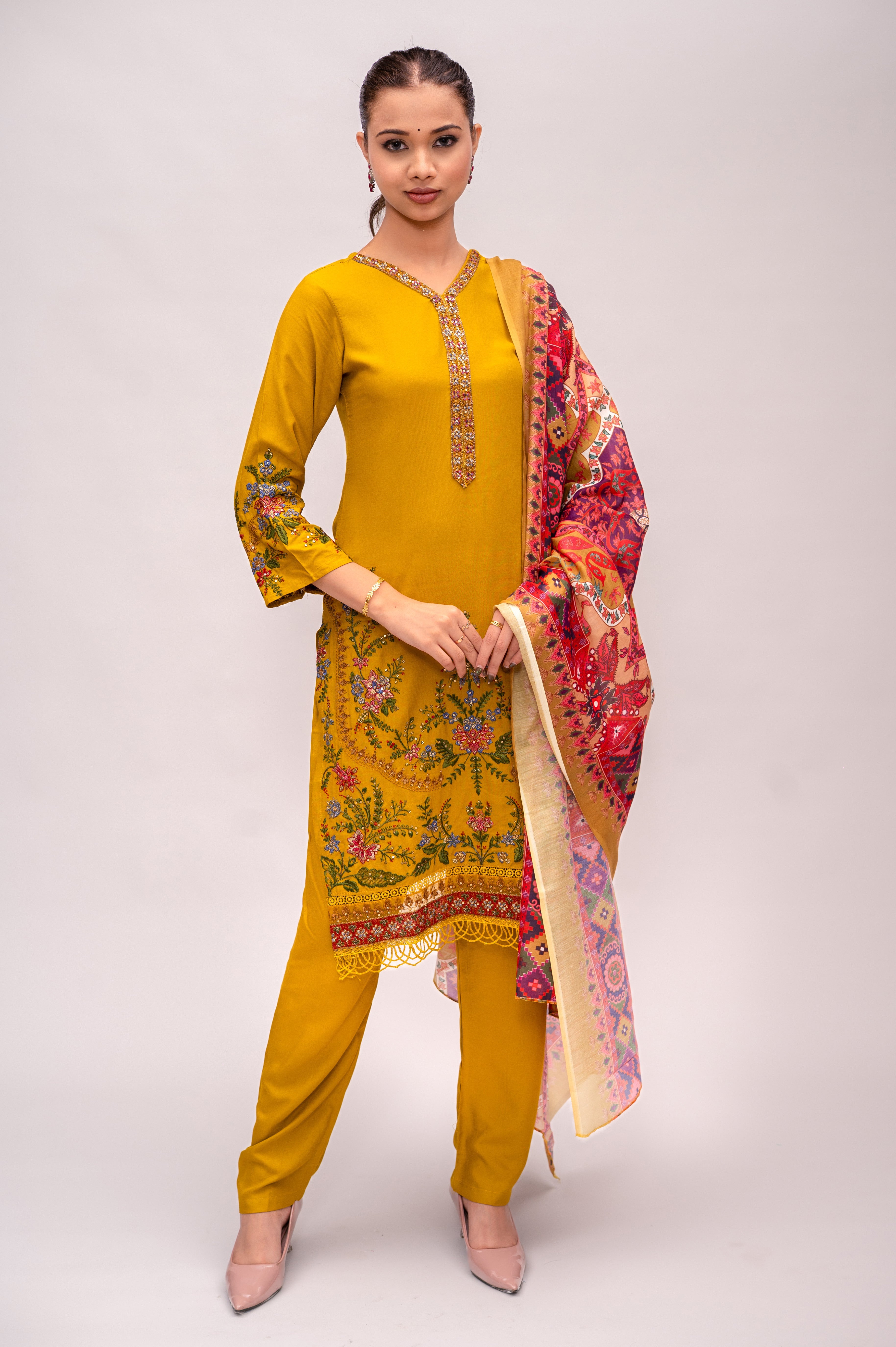 Marigold Yellow Cotton Suit with Embroidery with a Malmal Printed Dupatta