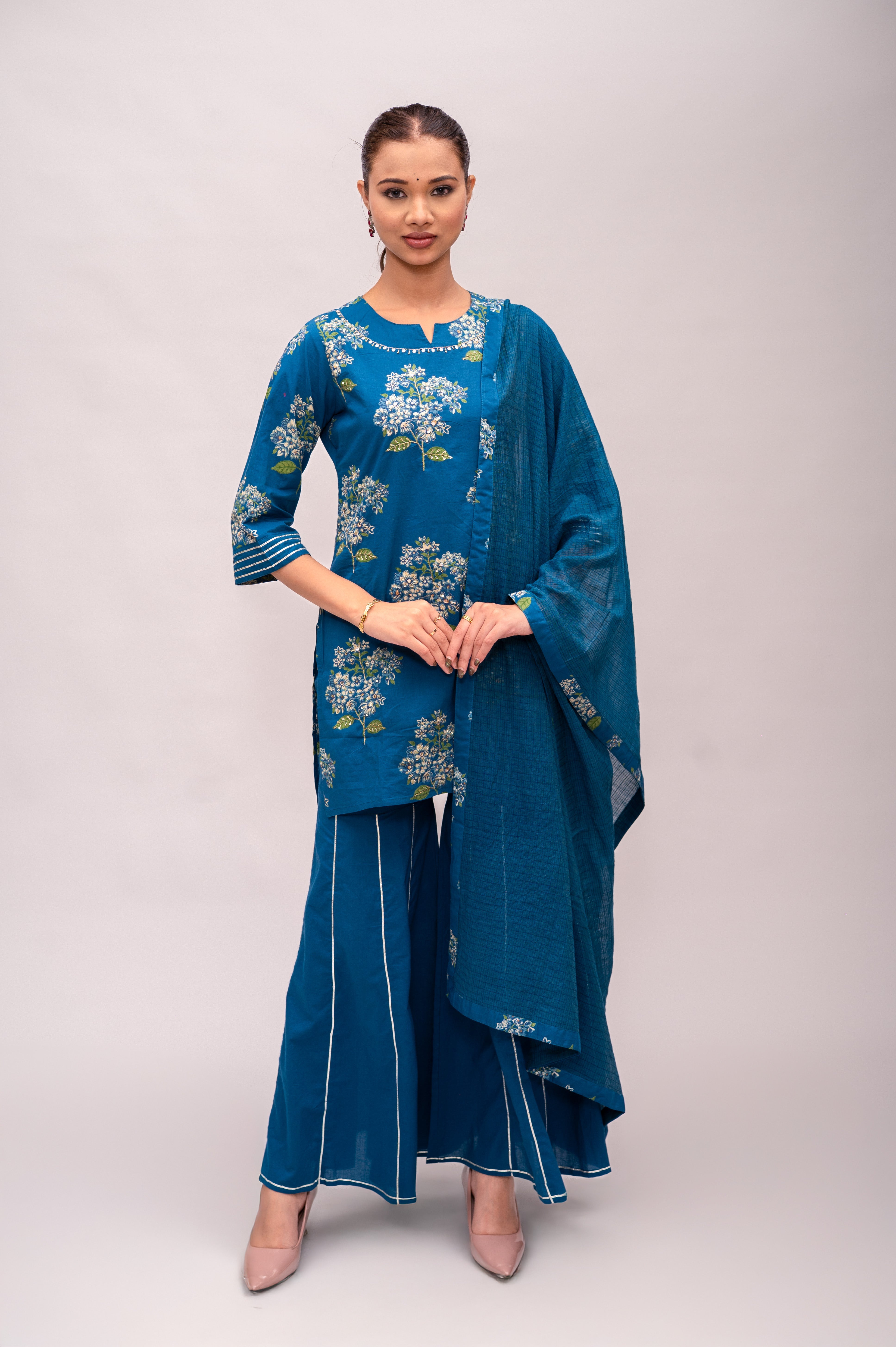 Navy Blue Mal Cotton Floral Print Sharara Suit with Mirror Embroidery
