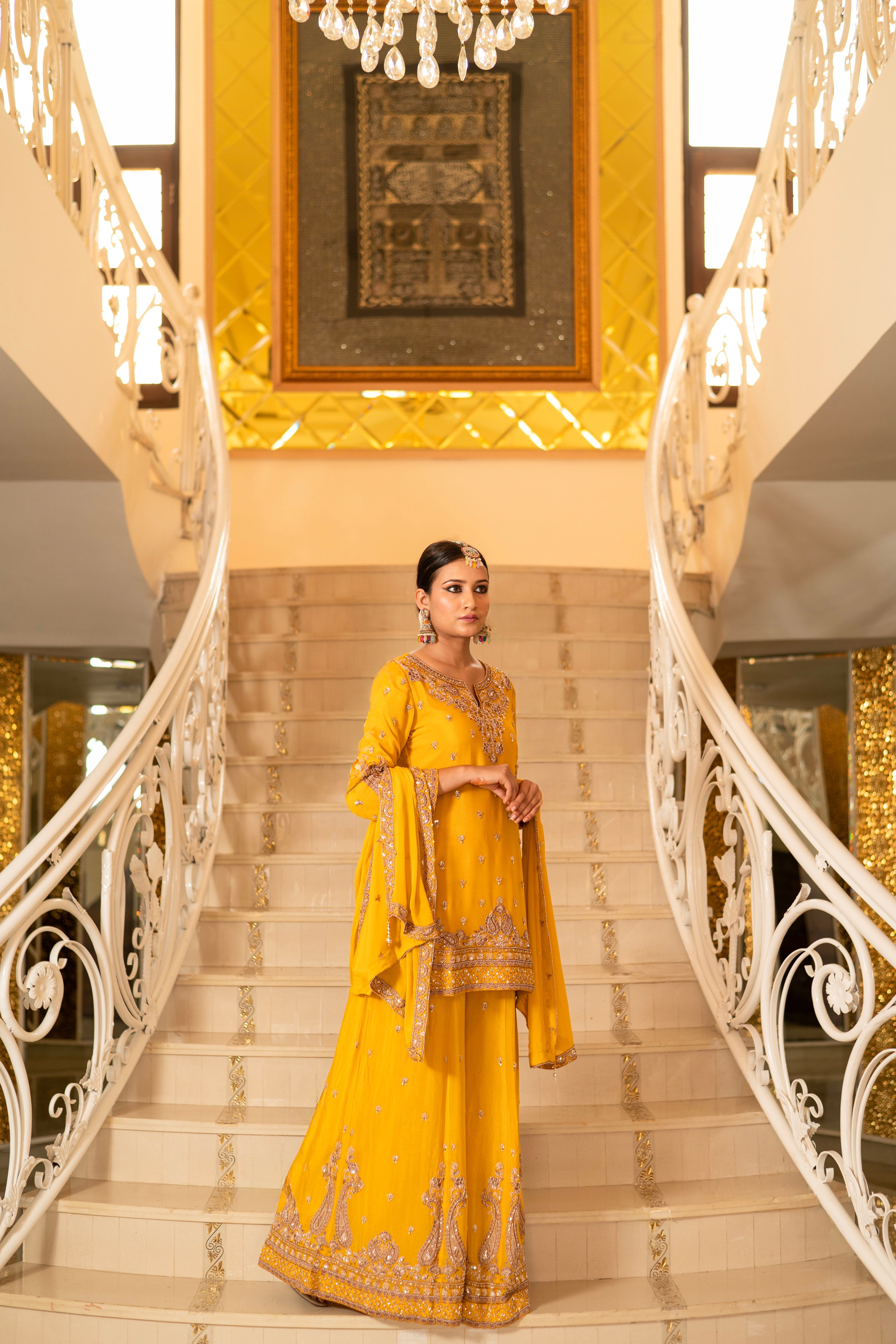 Yellow Viscose Silk Detailed Heavy Embroidered Sharara Set