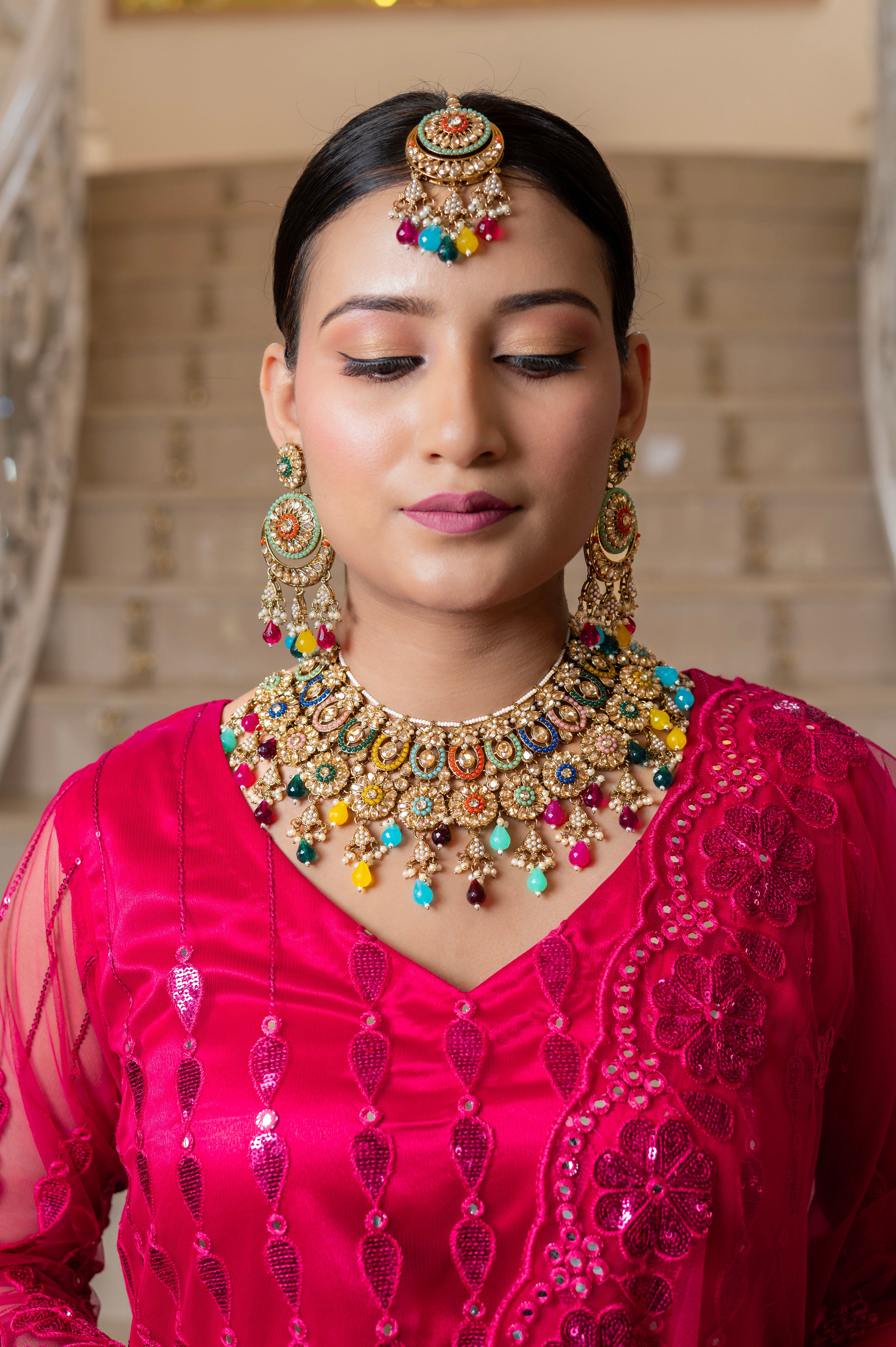 Multi Color Heavy Necklace Set Jewellery with Colorful Stones, Beads and Maang Tikka
