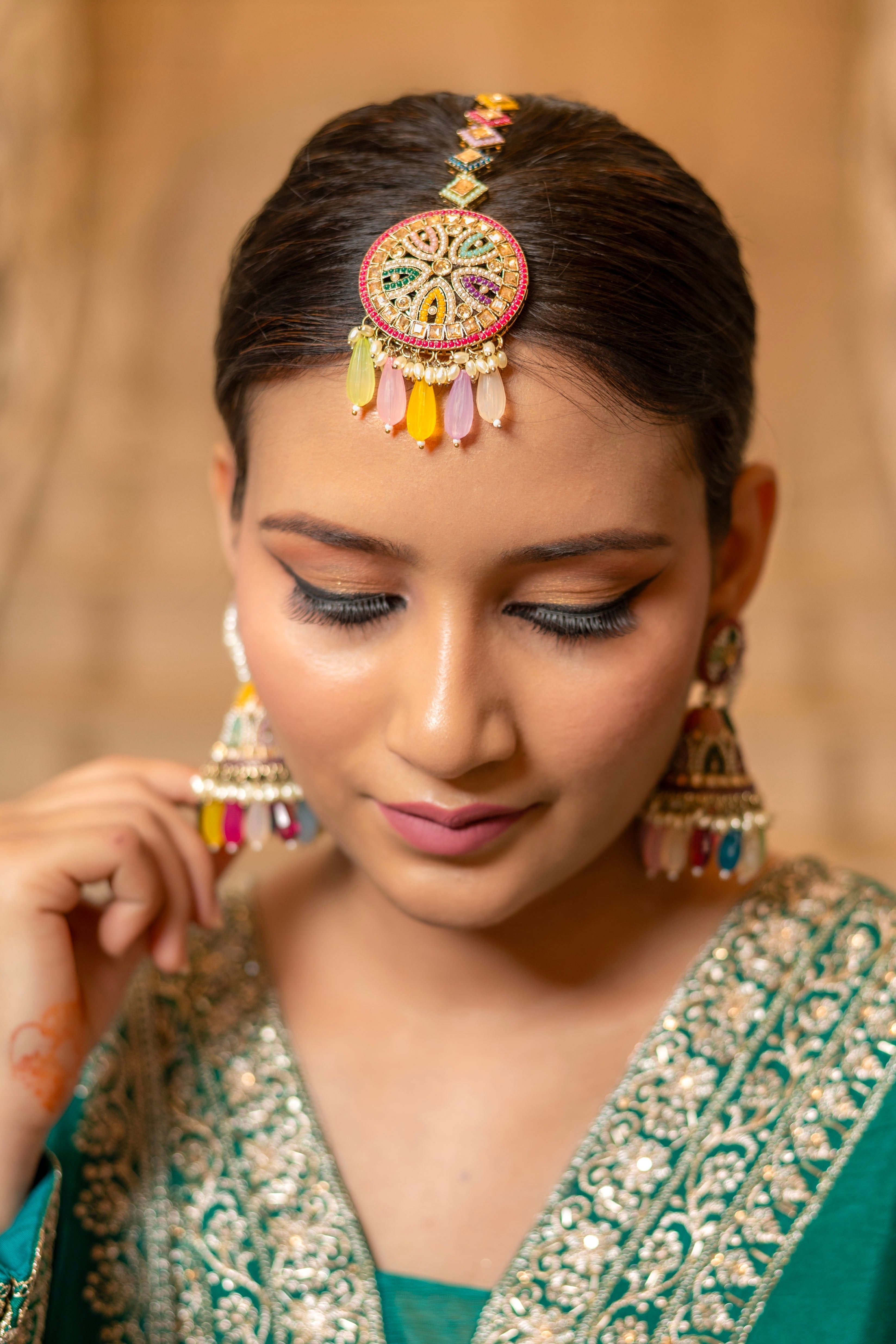 Earring and Maang Tikka Jewellery Set with Zircon and Tear Drop Pearls