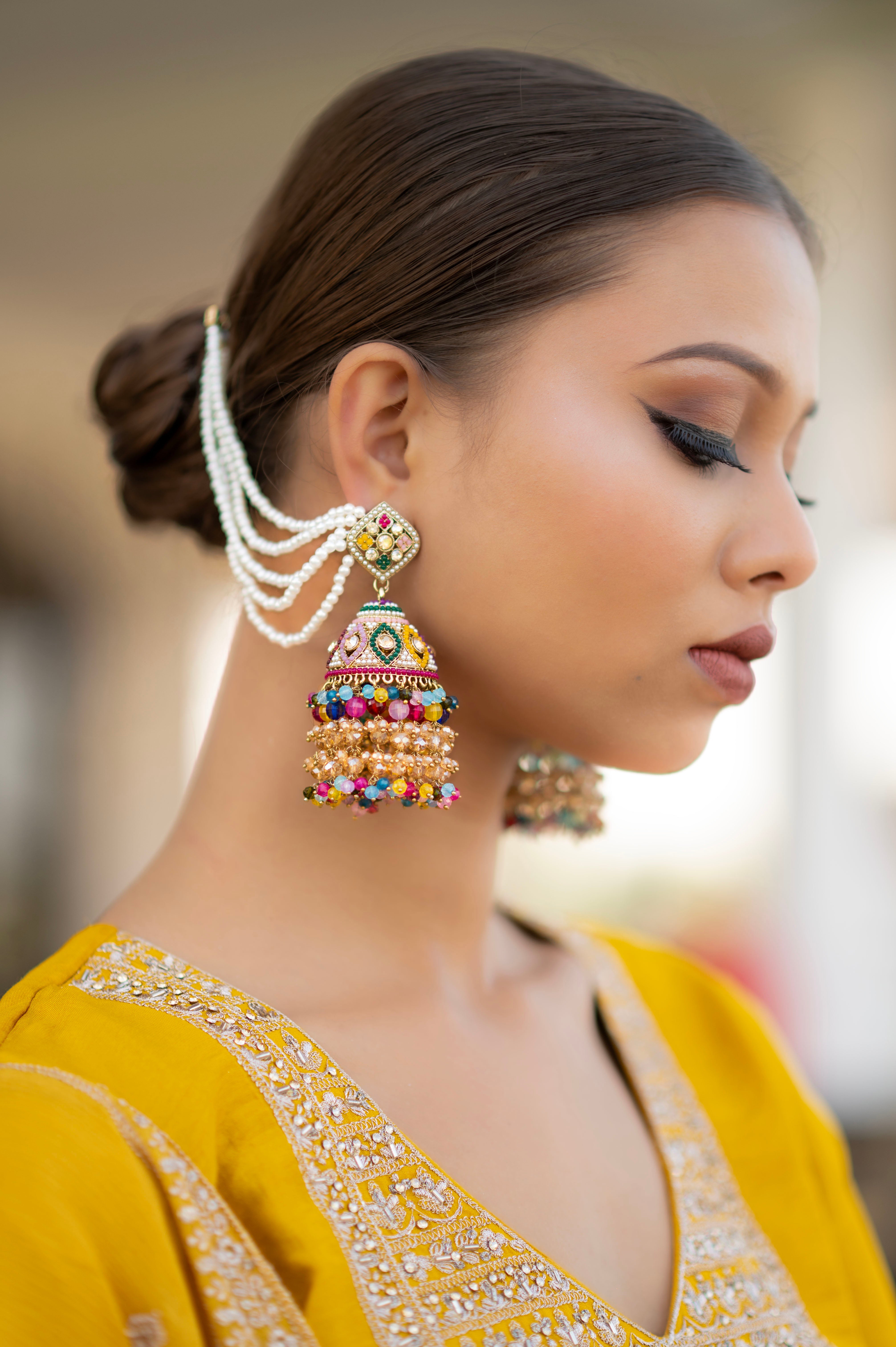 Colorful Jhumka Jewellery Earrings Set with Attached Back Chain