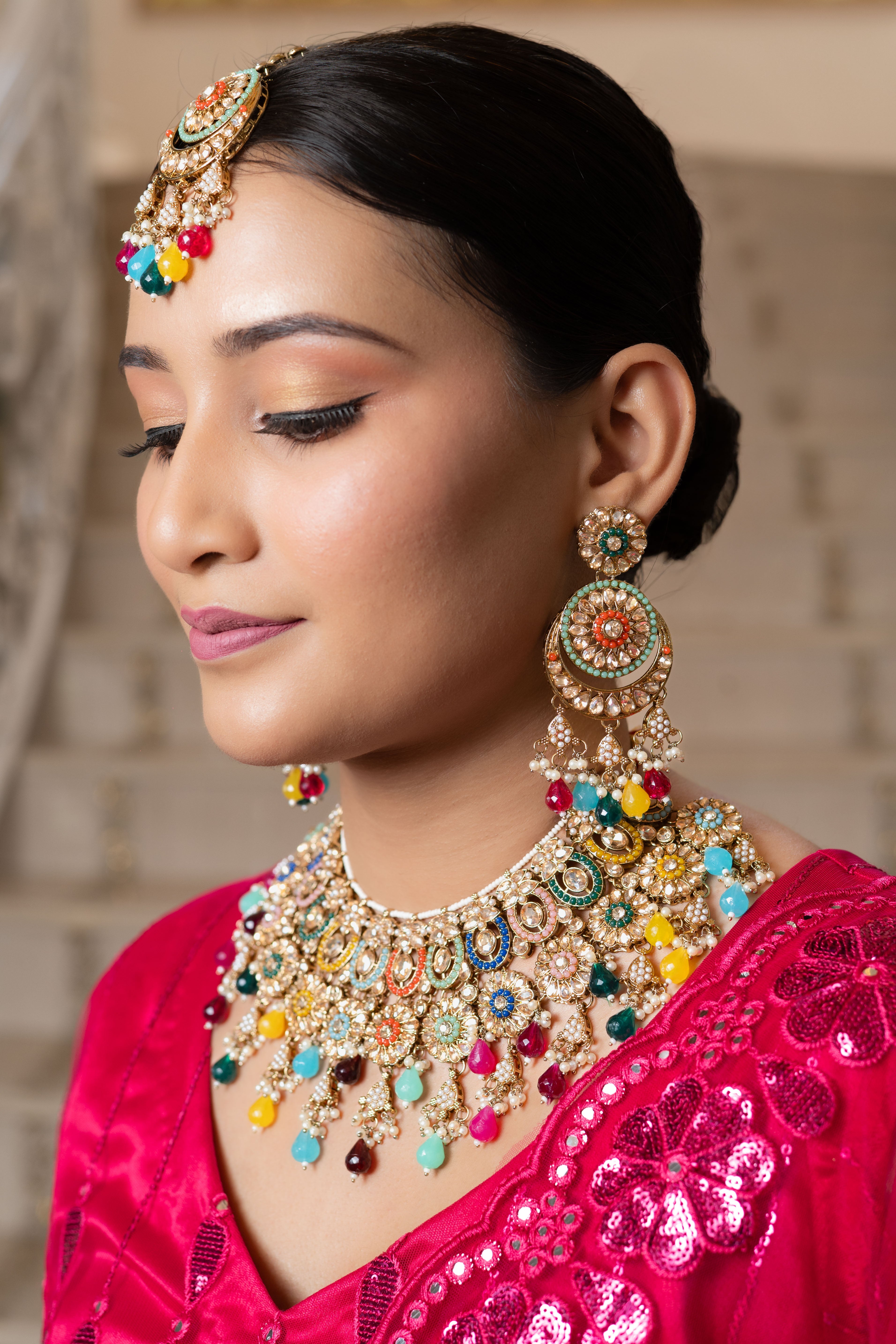Multi Color Heavy Necklace Set Jewellery with Colorful Stones, Beads and Maang Tikka