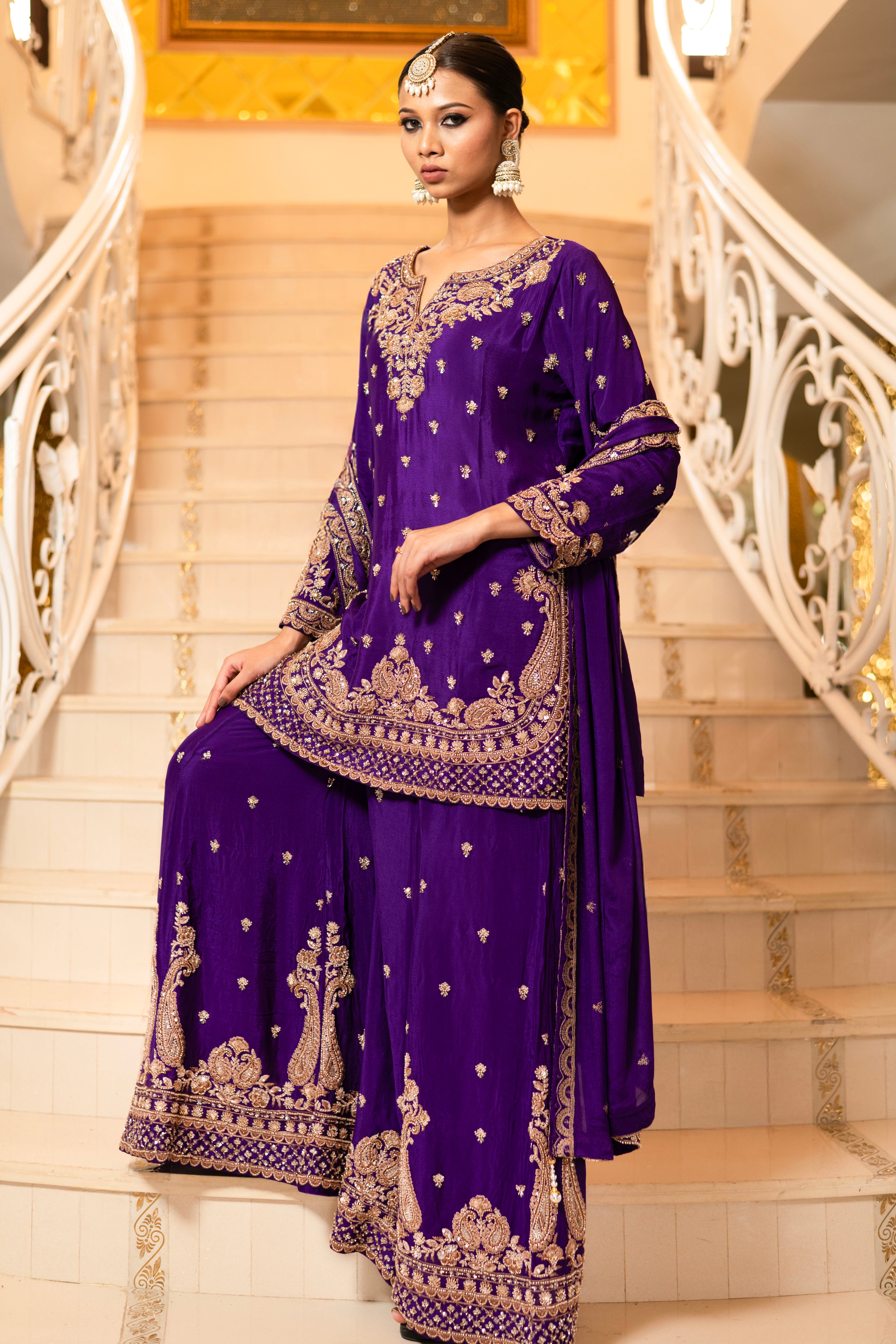 Yellow Viscose Silk Detailed Heavy Embroidered Sharara Set