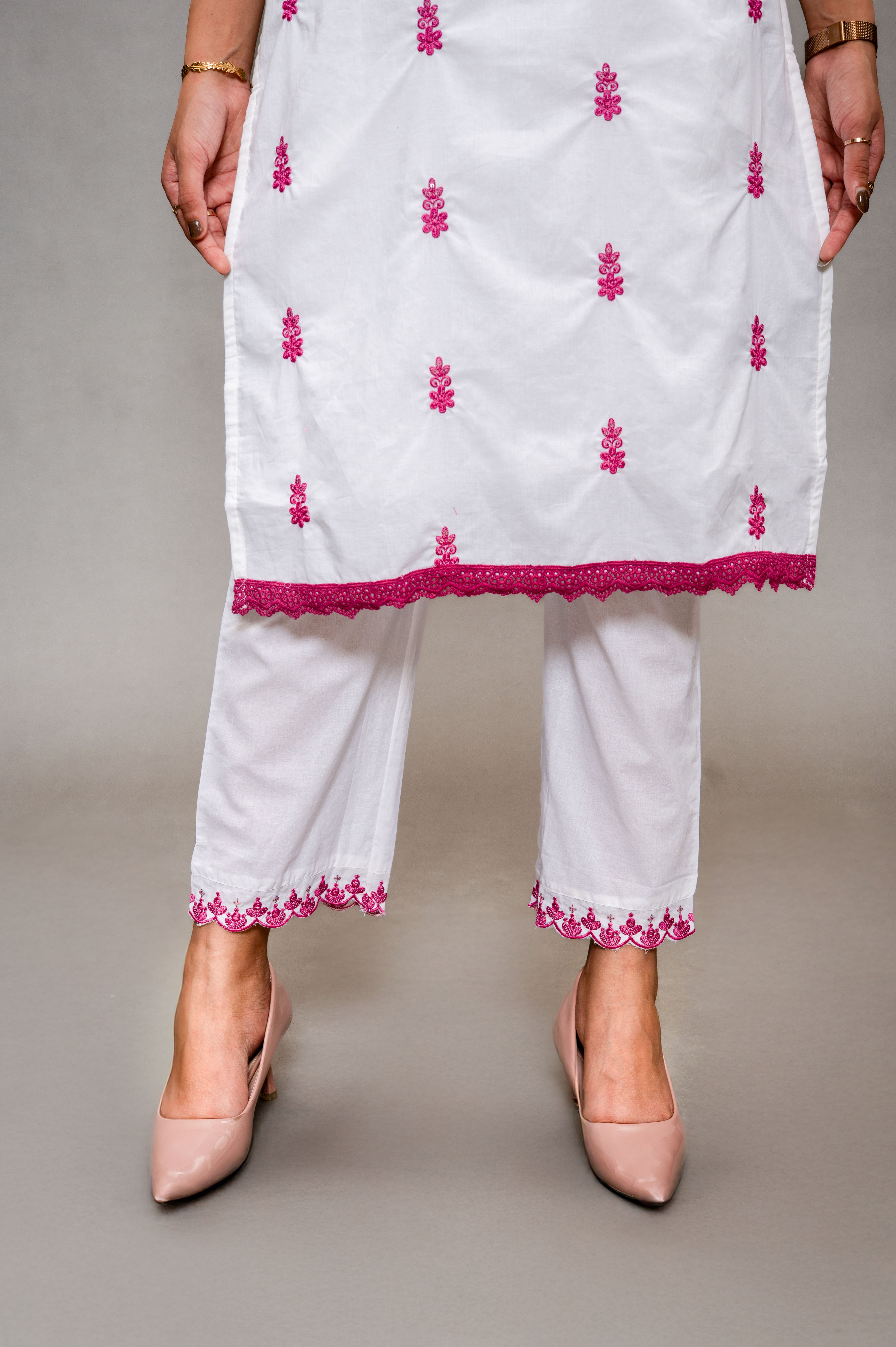 White Cotton Embroidery Suit with Pant and Dupatta