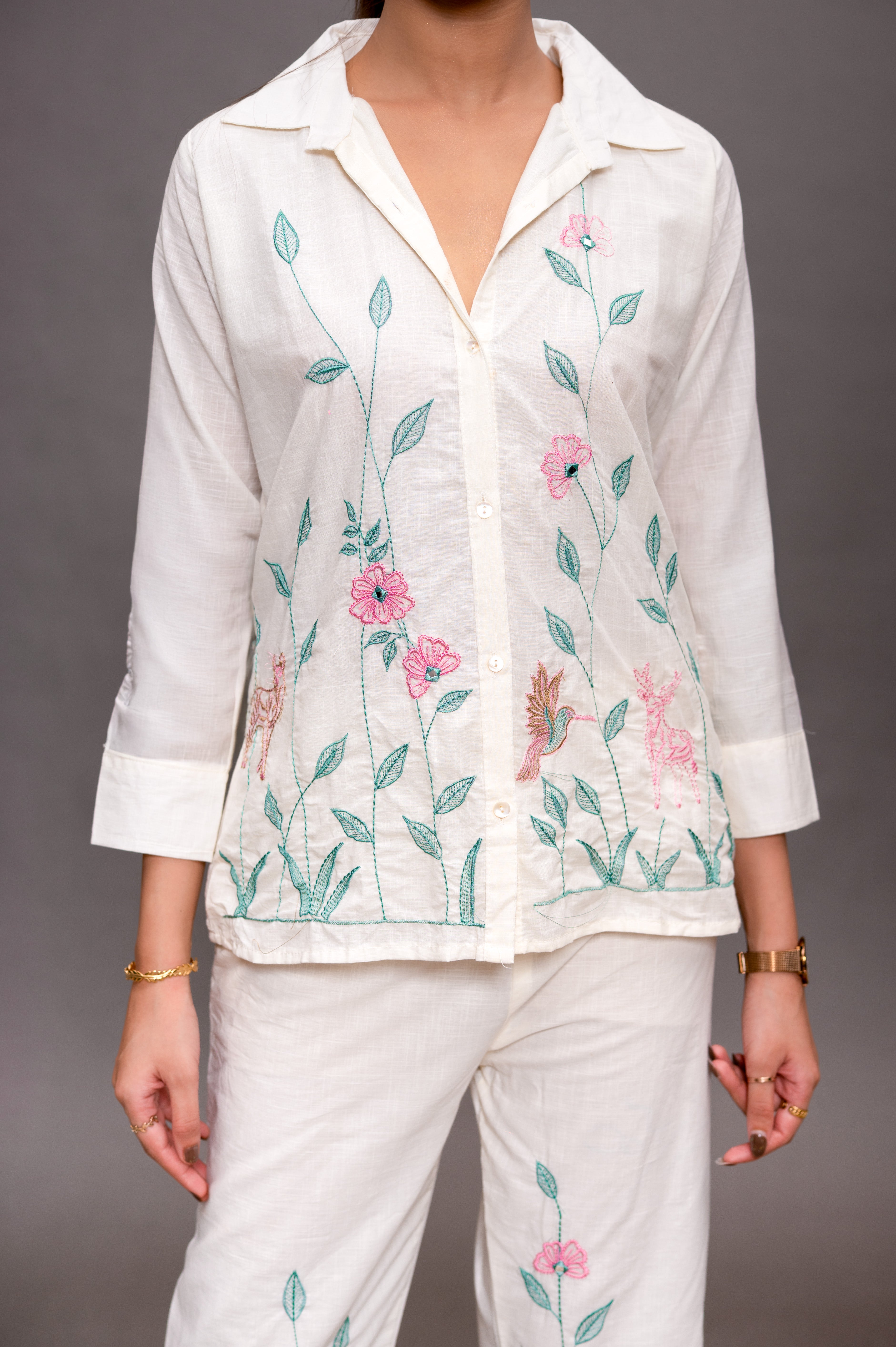 Cream White Cord Set with Green and Pink Color Embroidery