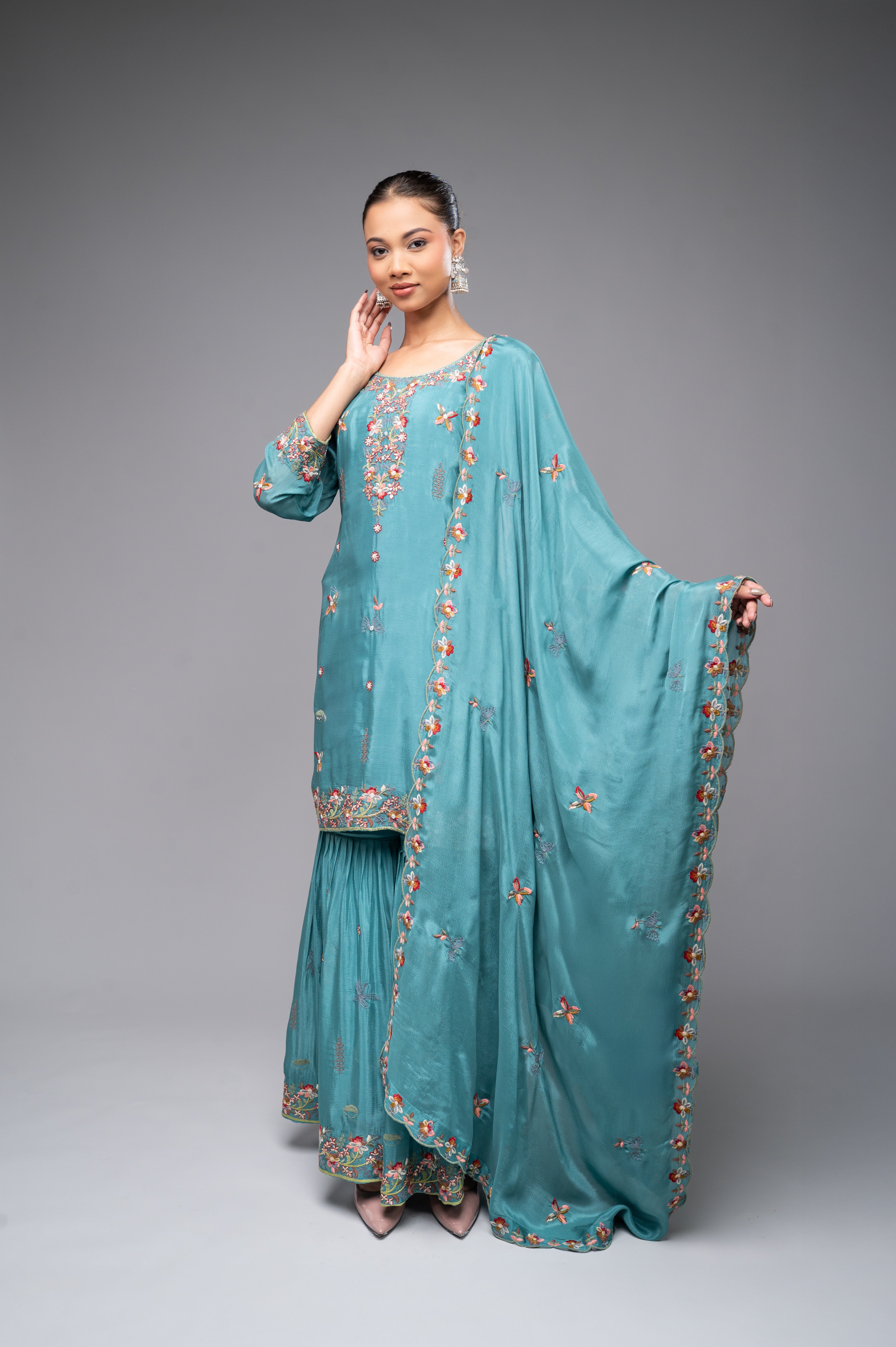 Peacock Blue Garara Kurta Set with Pearl, Jarkan & Multicolor Embroidery