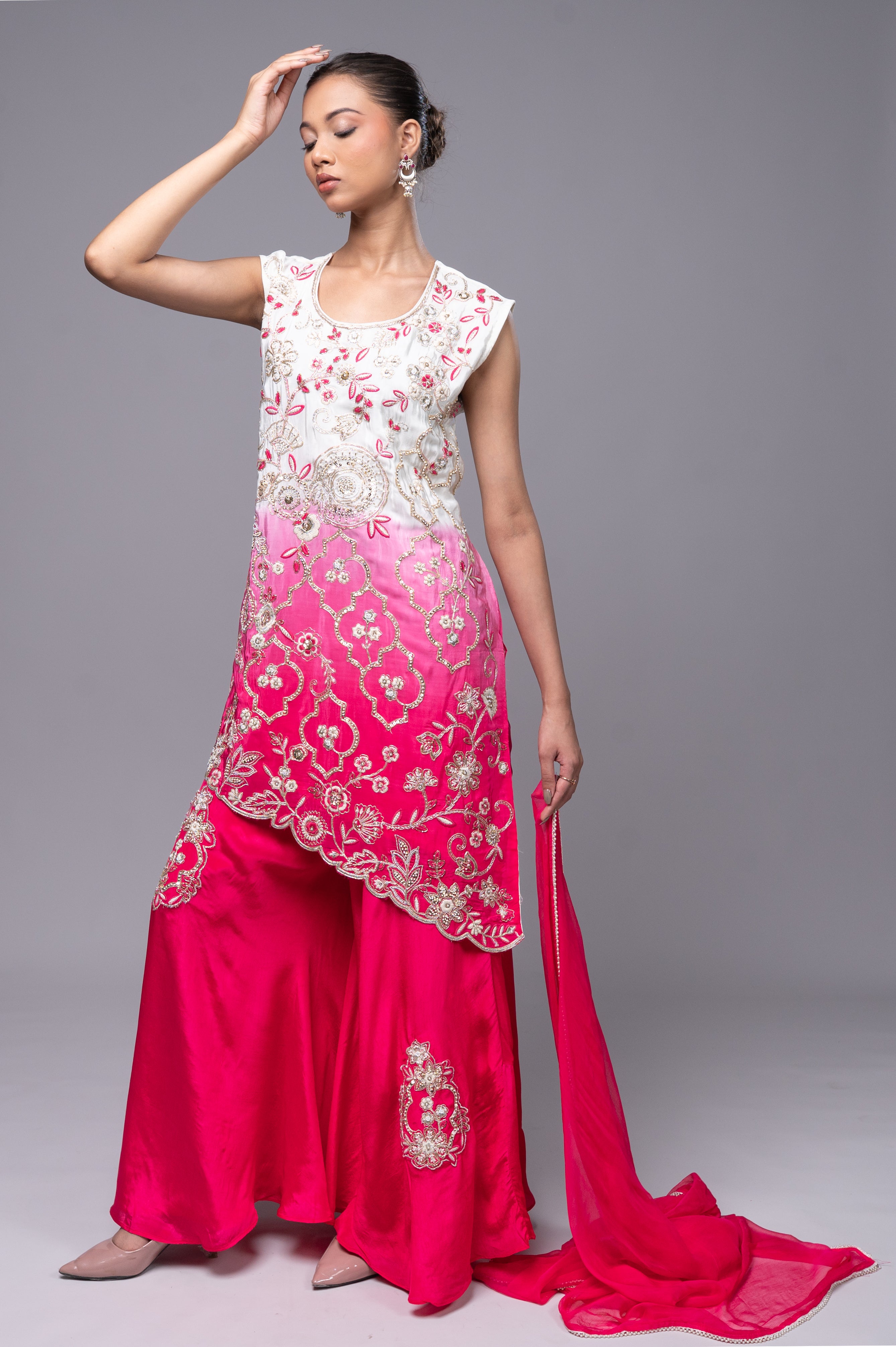 Yellow-Ivory Cream Shaded Crepe Palazzo Suit with Pearl Embroidered Work