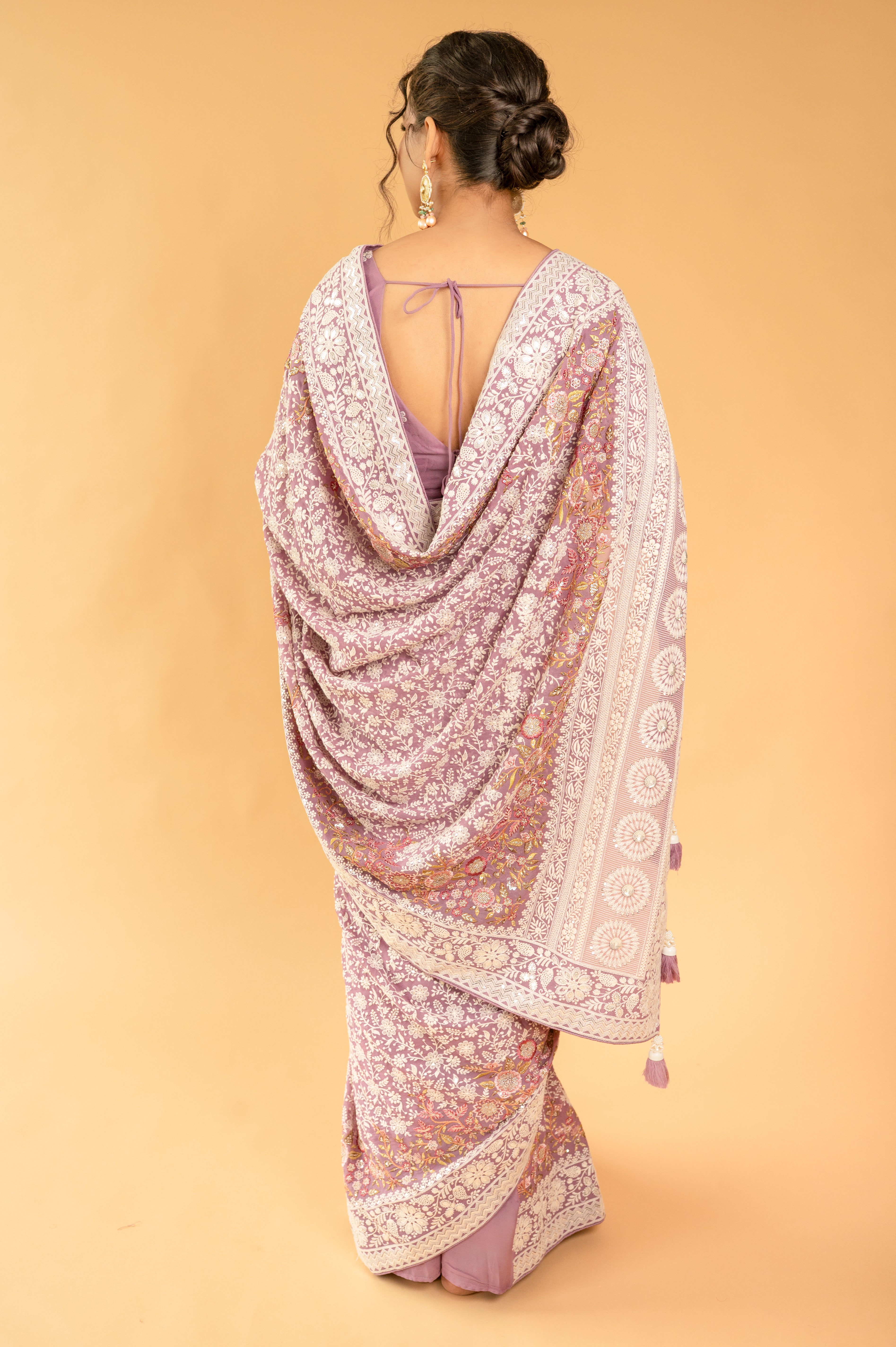 Lavender Purple Lucknowi Georgette Saree with Beautiful Tassels and Zari Work