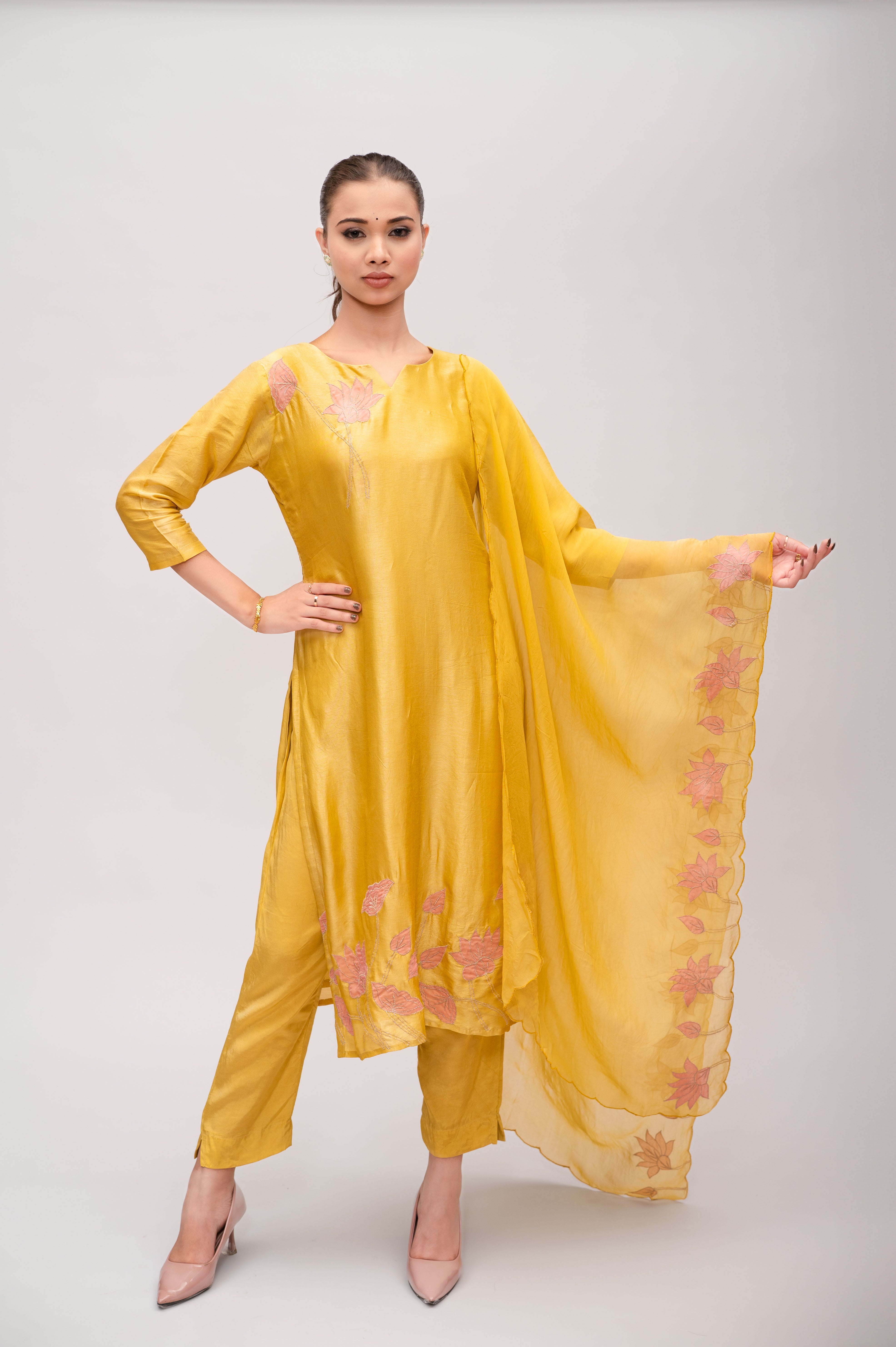 Yellow Silk Suit with Pant & Dupatta – Elegant Zari Work Detailing
