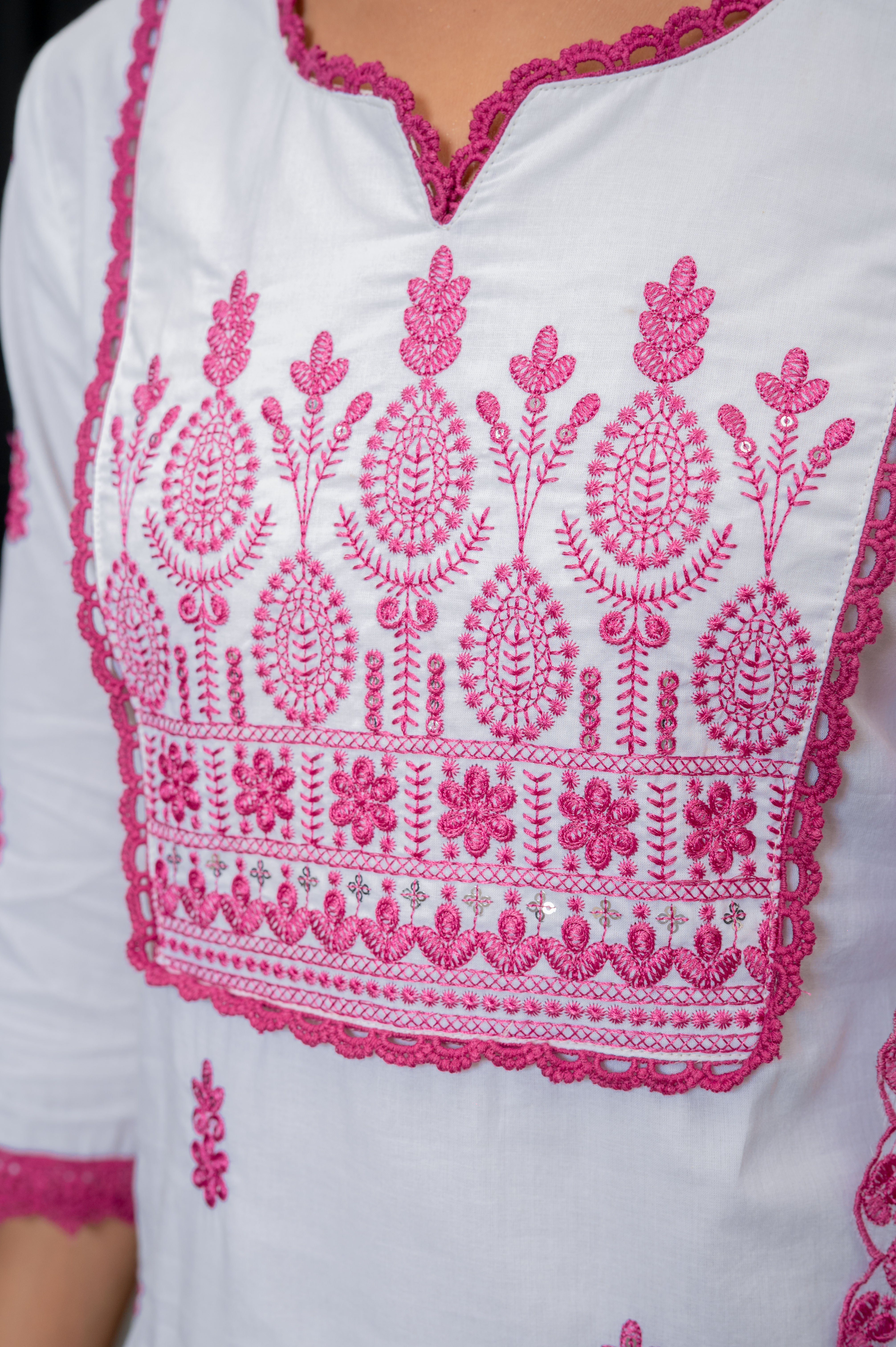 White Cotton Embroidery Suit with Pant and Dupatta