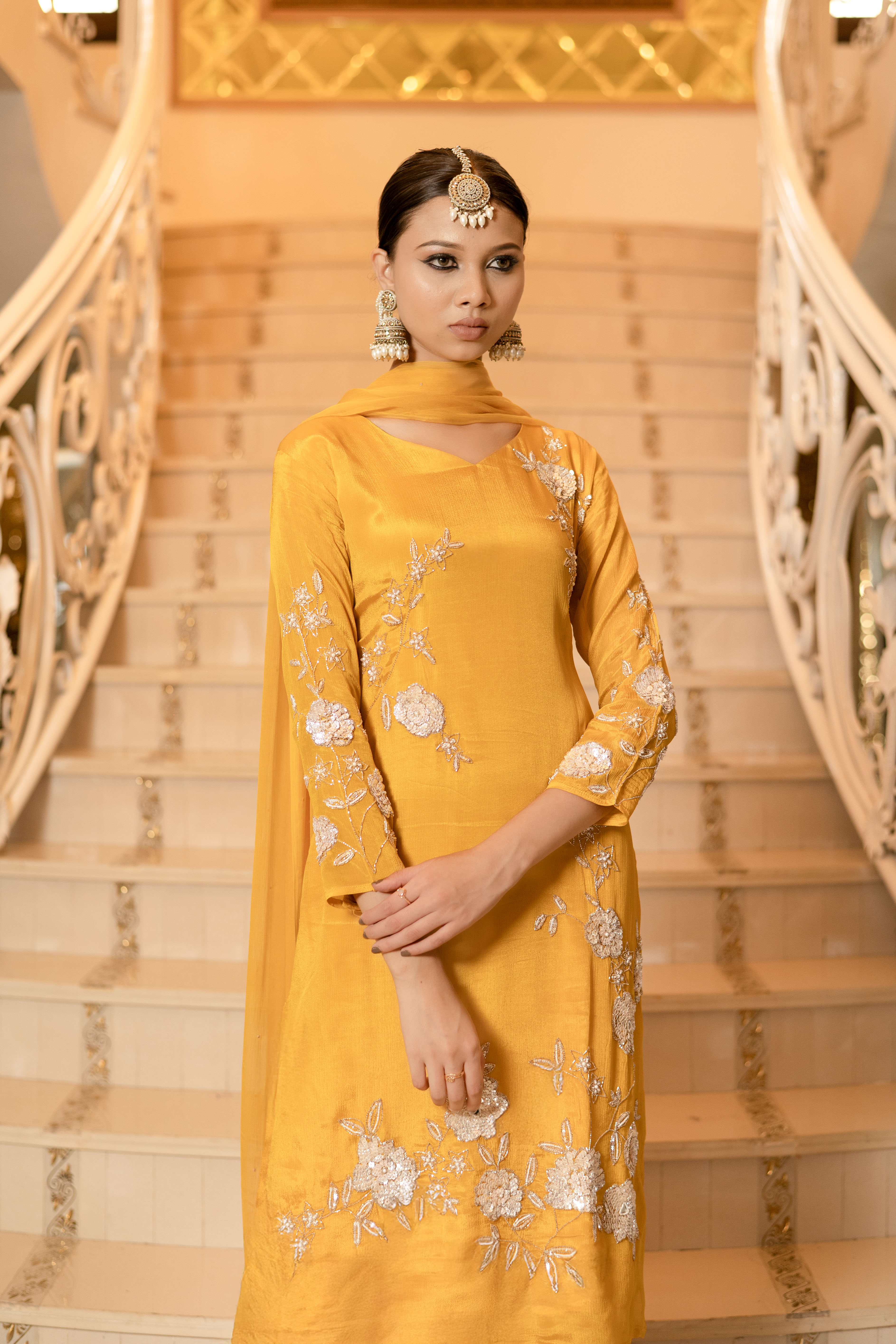Mehandi Green Chiffon Hand Embroidered Kurta with Palazzo Set