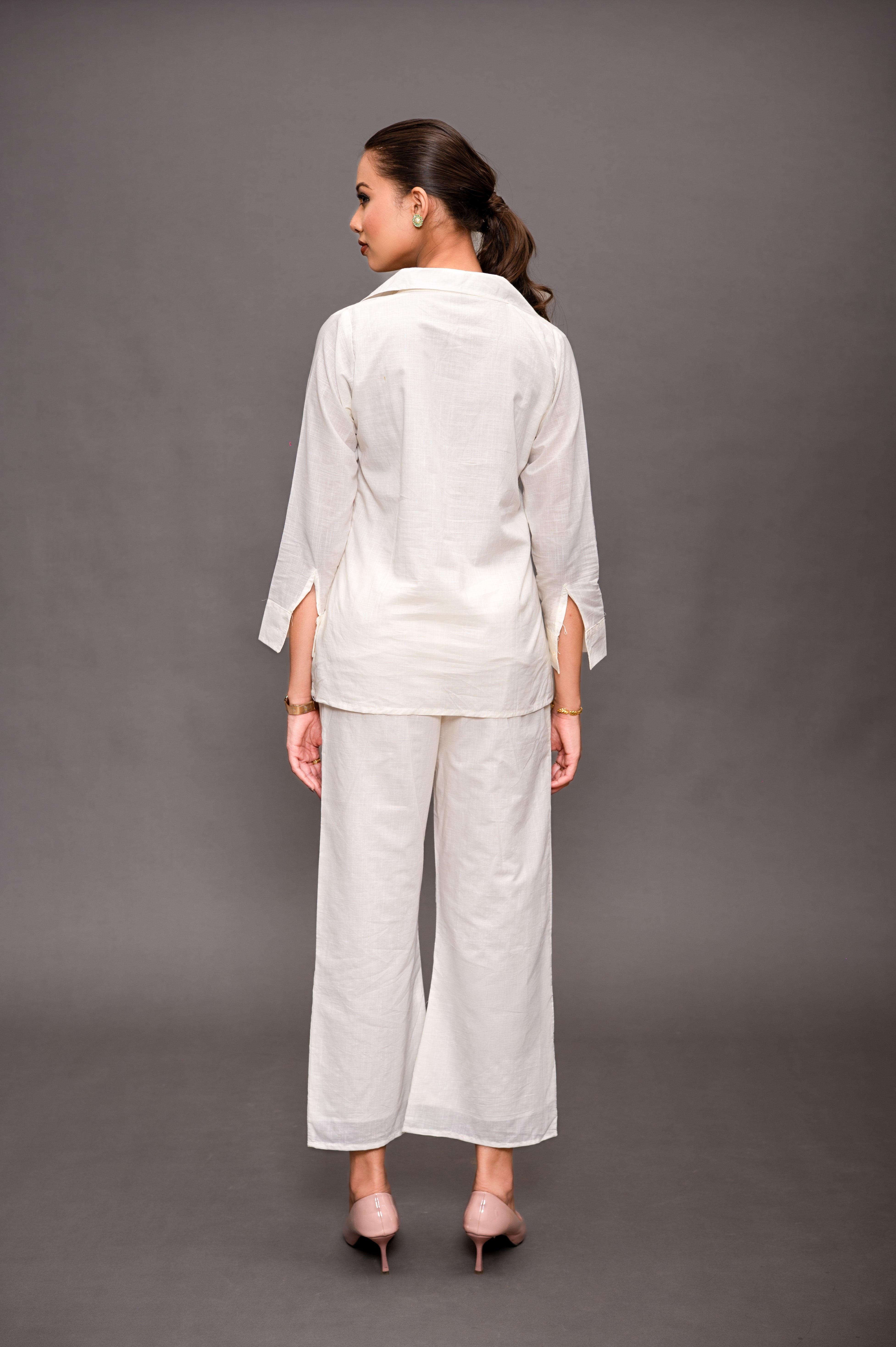 Cream White Cord Set with Green and Pink Color Embroidery