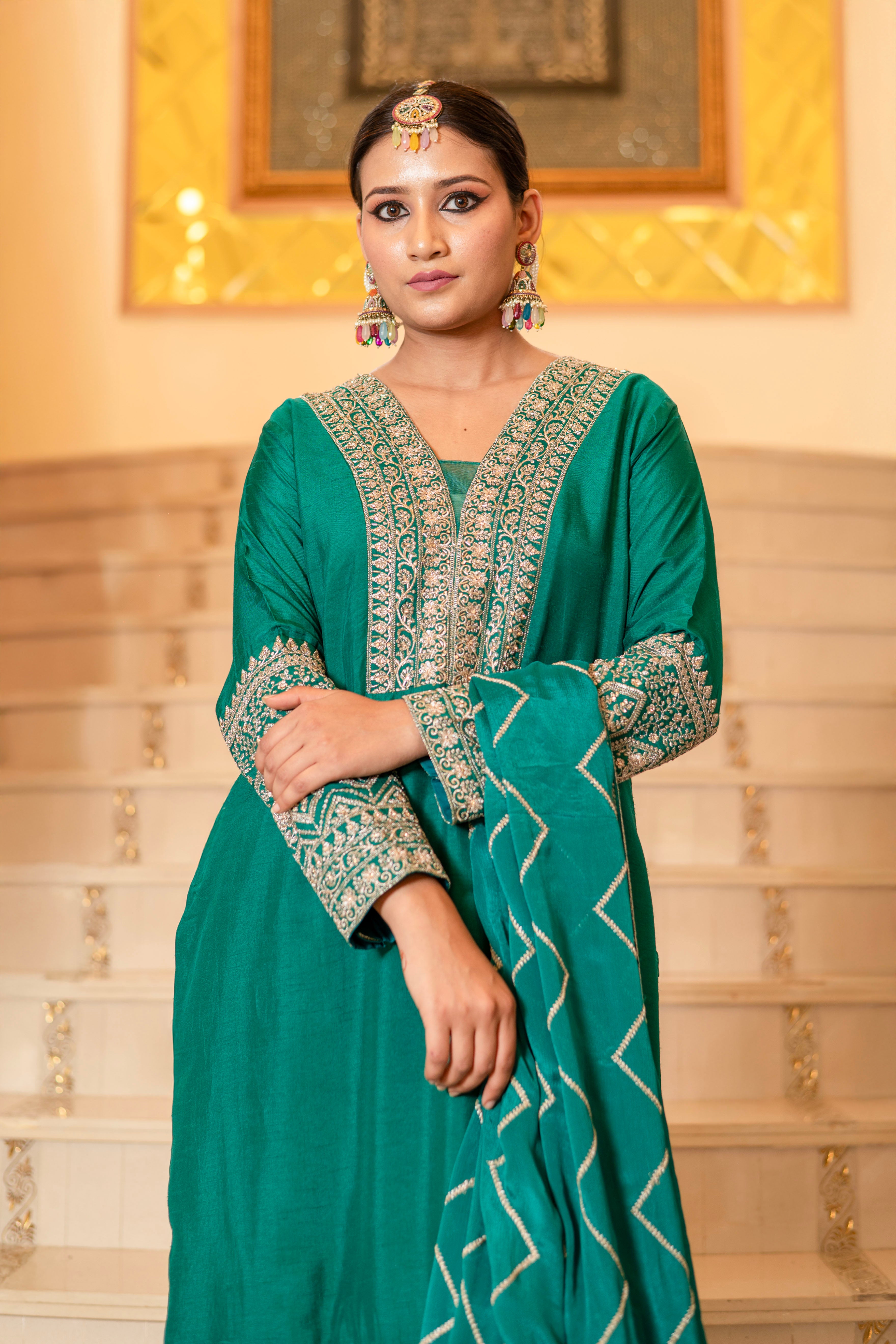 Yellow Viscose Silk Zari Embroidered Floor Length Anarkali Set