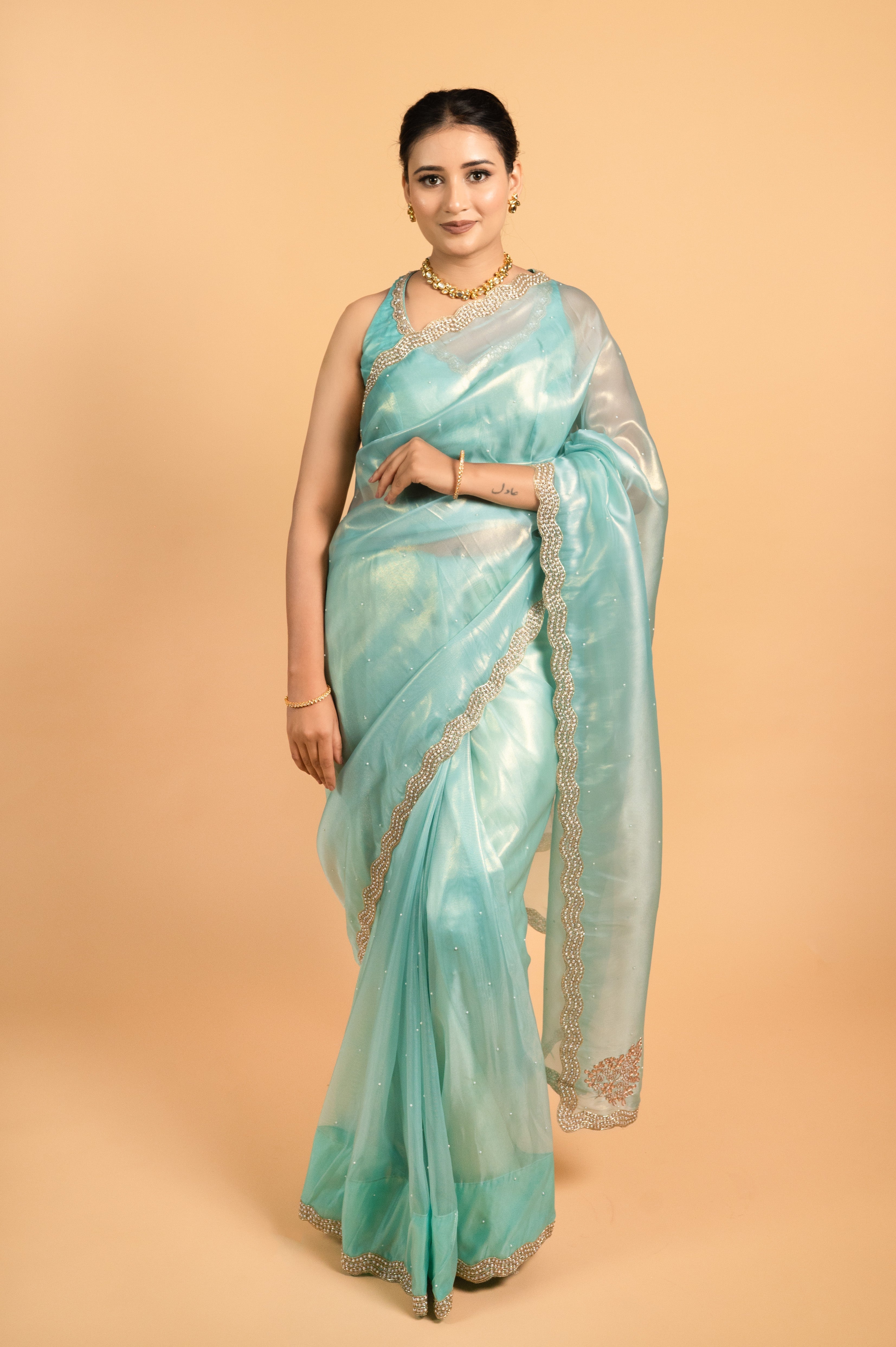 Rose Gold Shimmer Organza Saree with Pearl and Sequin Work