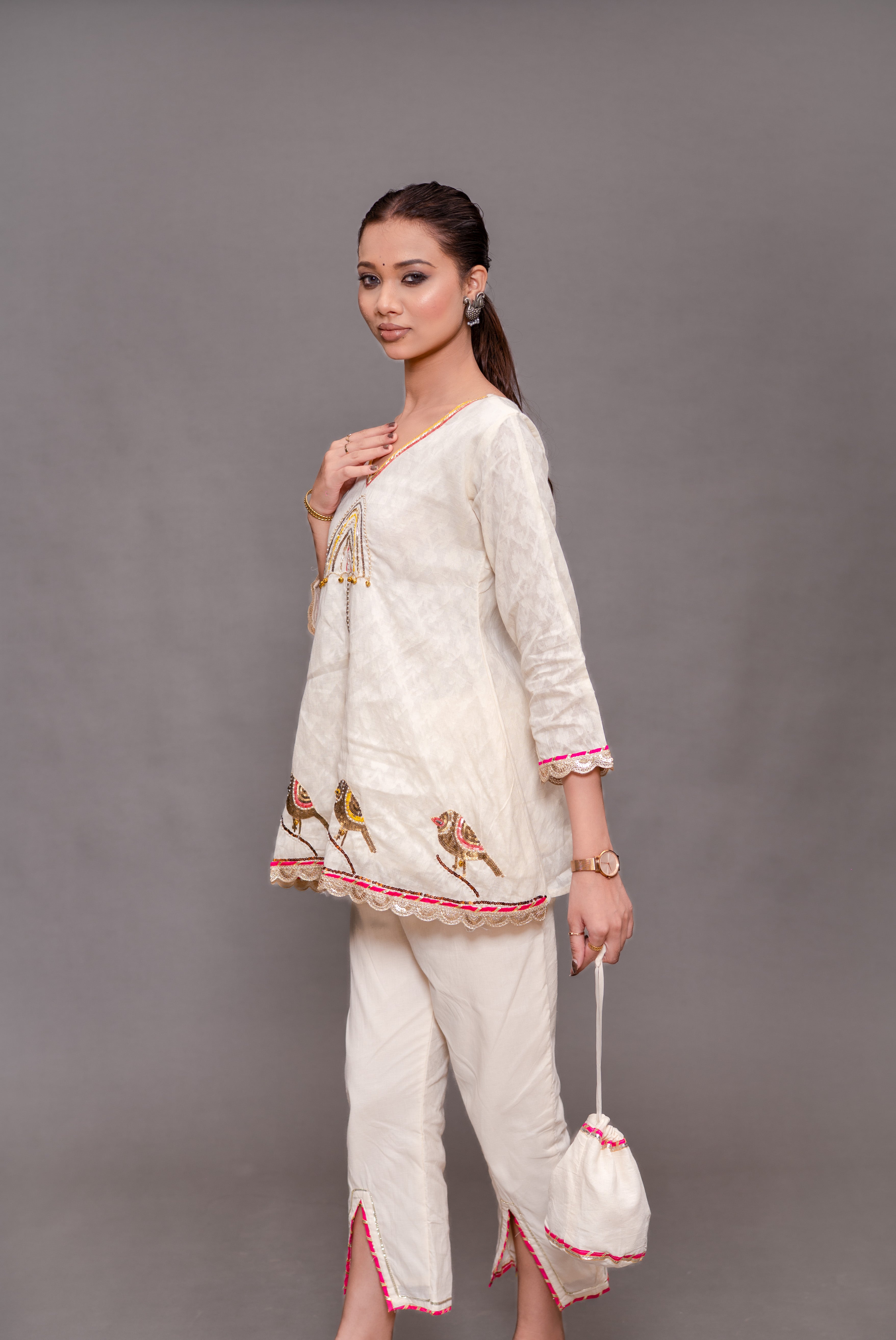 Beige Cotton Cord Set with Handwork Lace