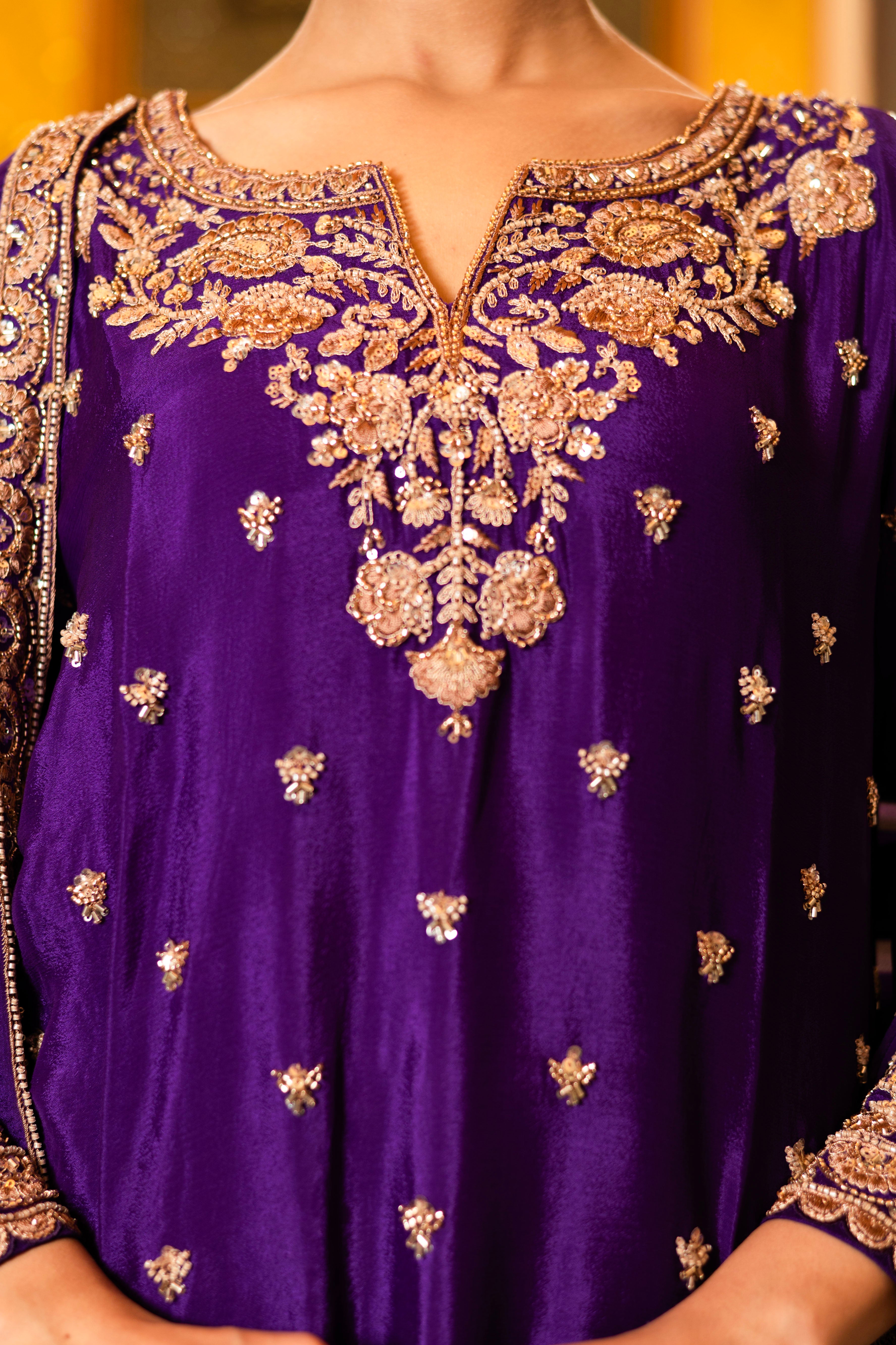 Yellow Viscose Silk Detailed Heavy Embroidered Sharara Set