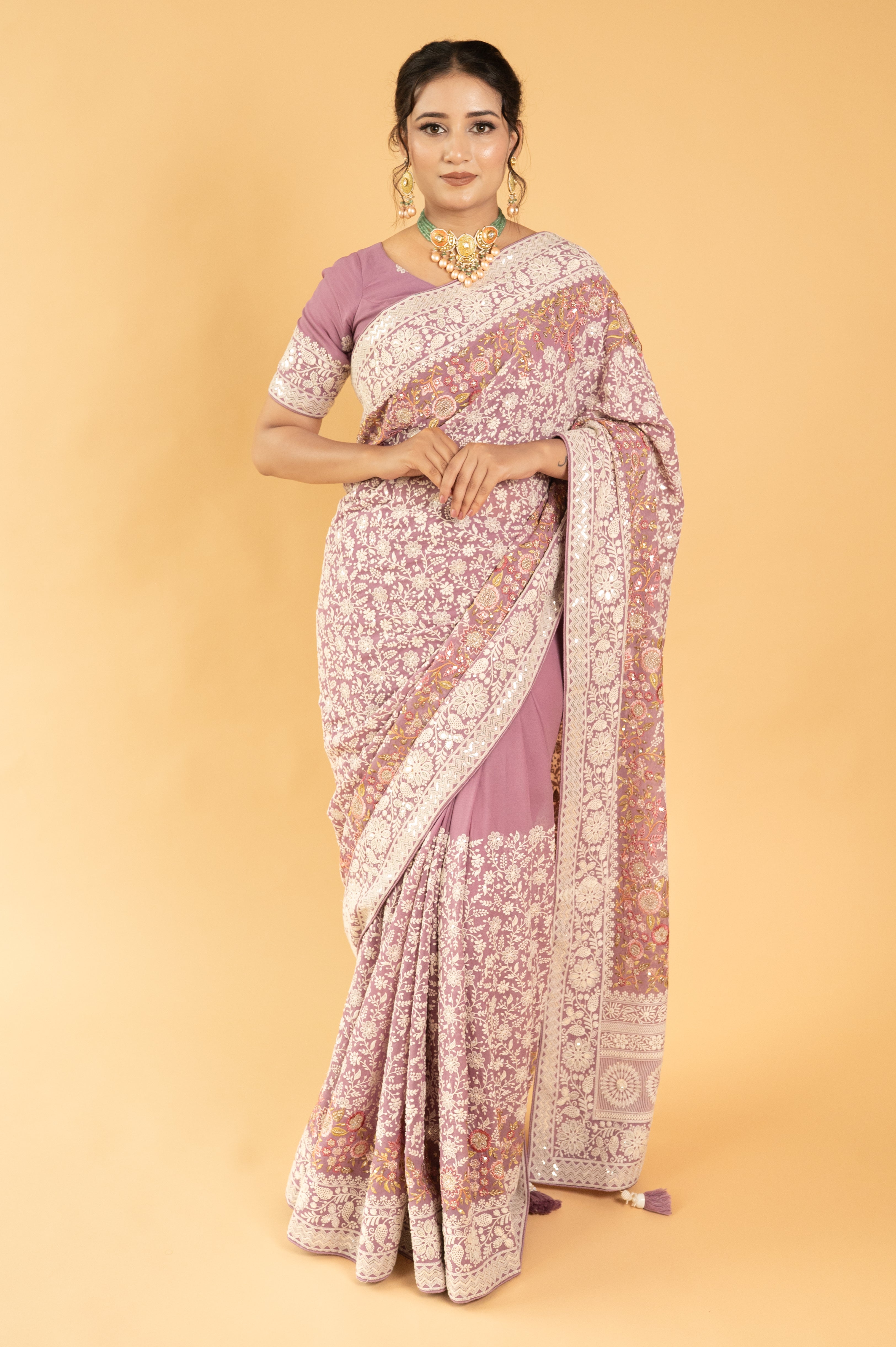 Lavender Purple Lucknowi Georgette Saree with Beautiful Tassels and Zari Work