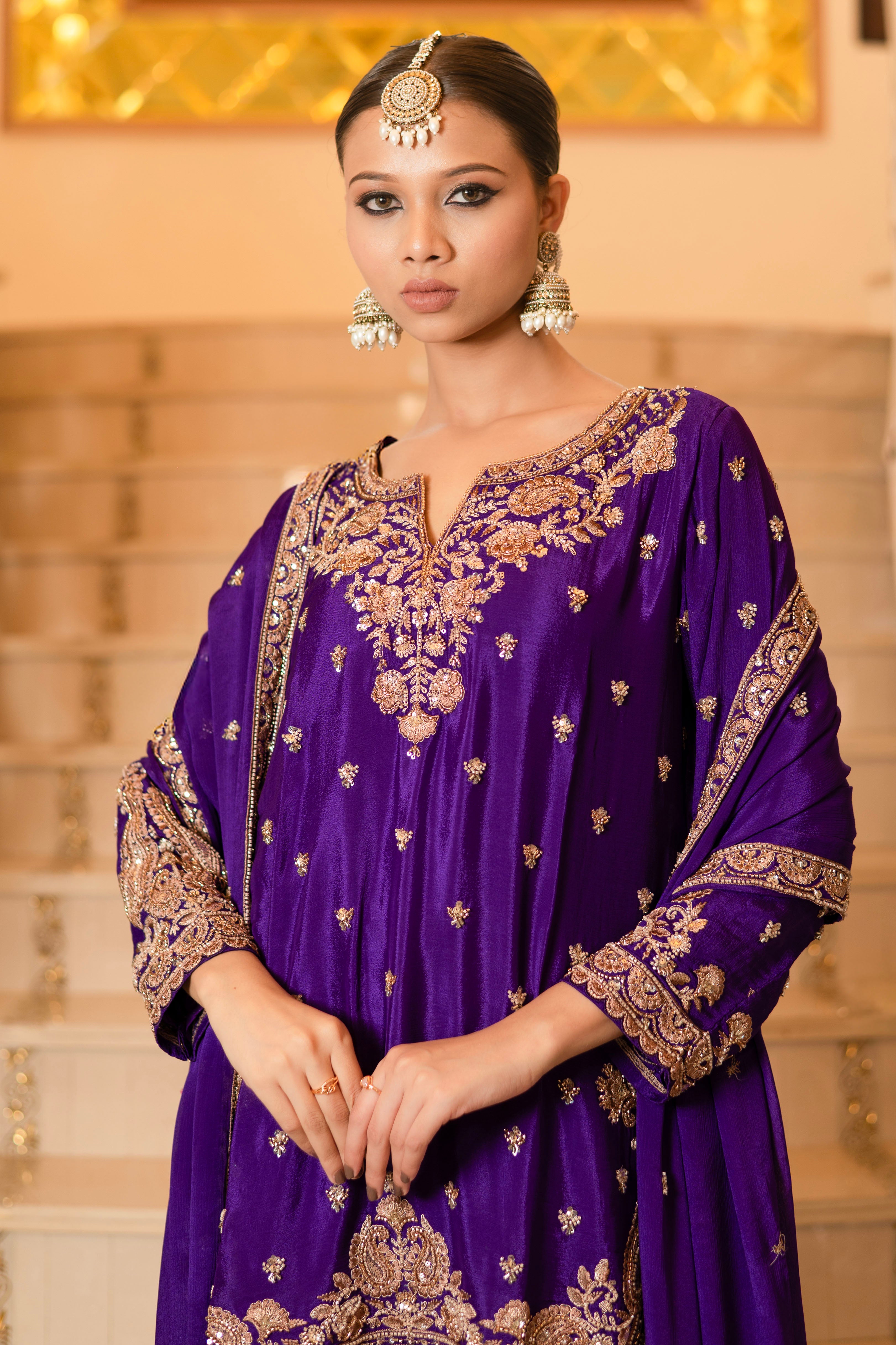 Yellow Viscose Silk Detailed Heavy Embroidered Sharara Set