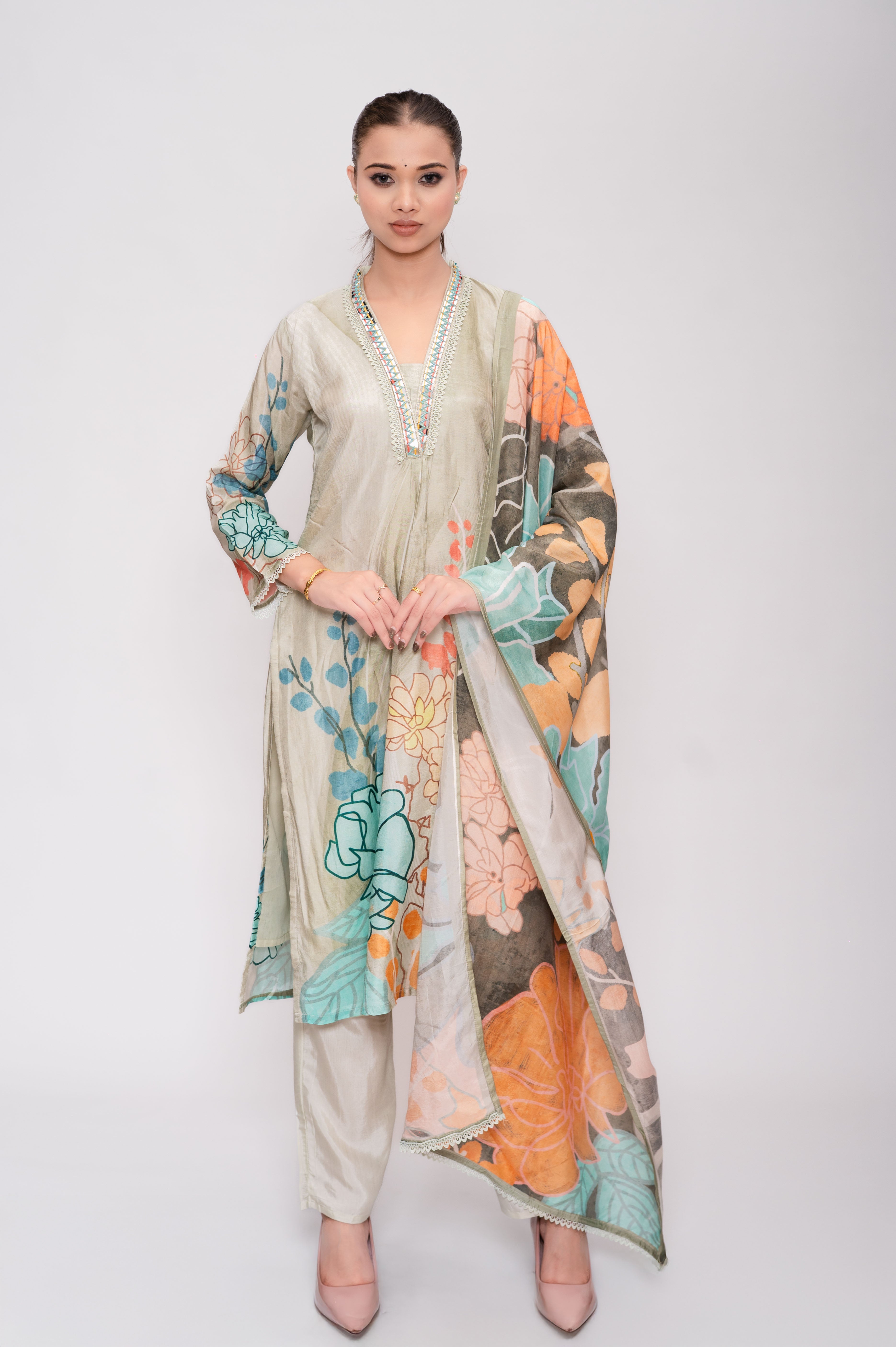 Pastel Green Silk Suit with Pant and Dupatta – Lace and Mirror Embroidery