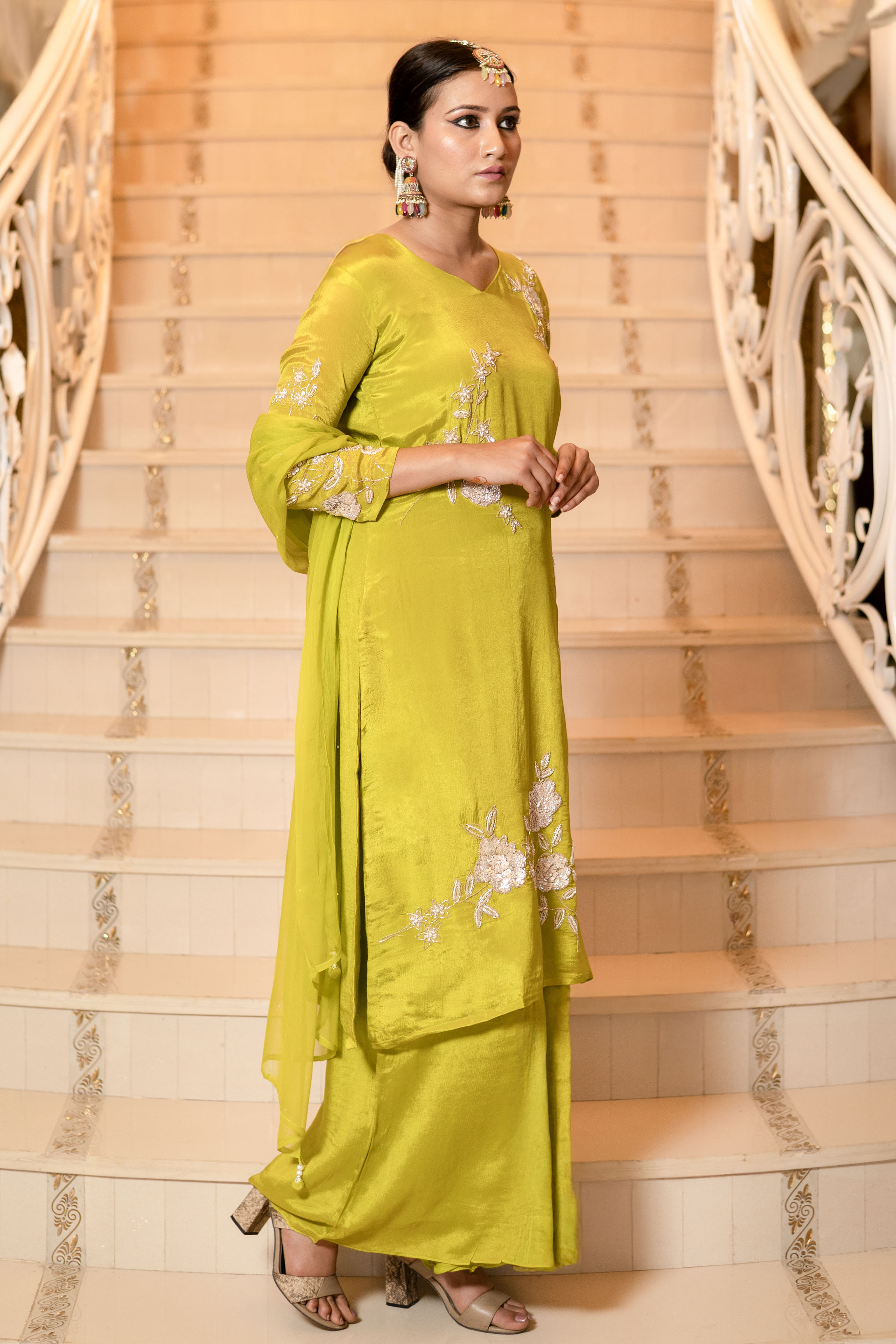 Yellow Chiffon Hand Embroidered Kurta with Palazzo Set