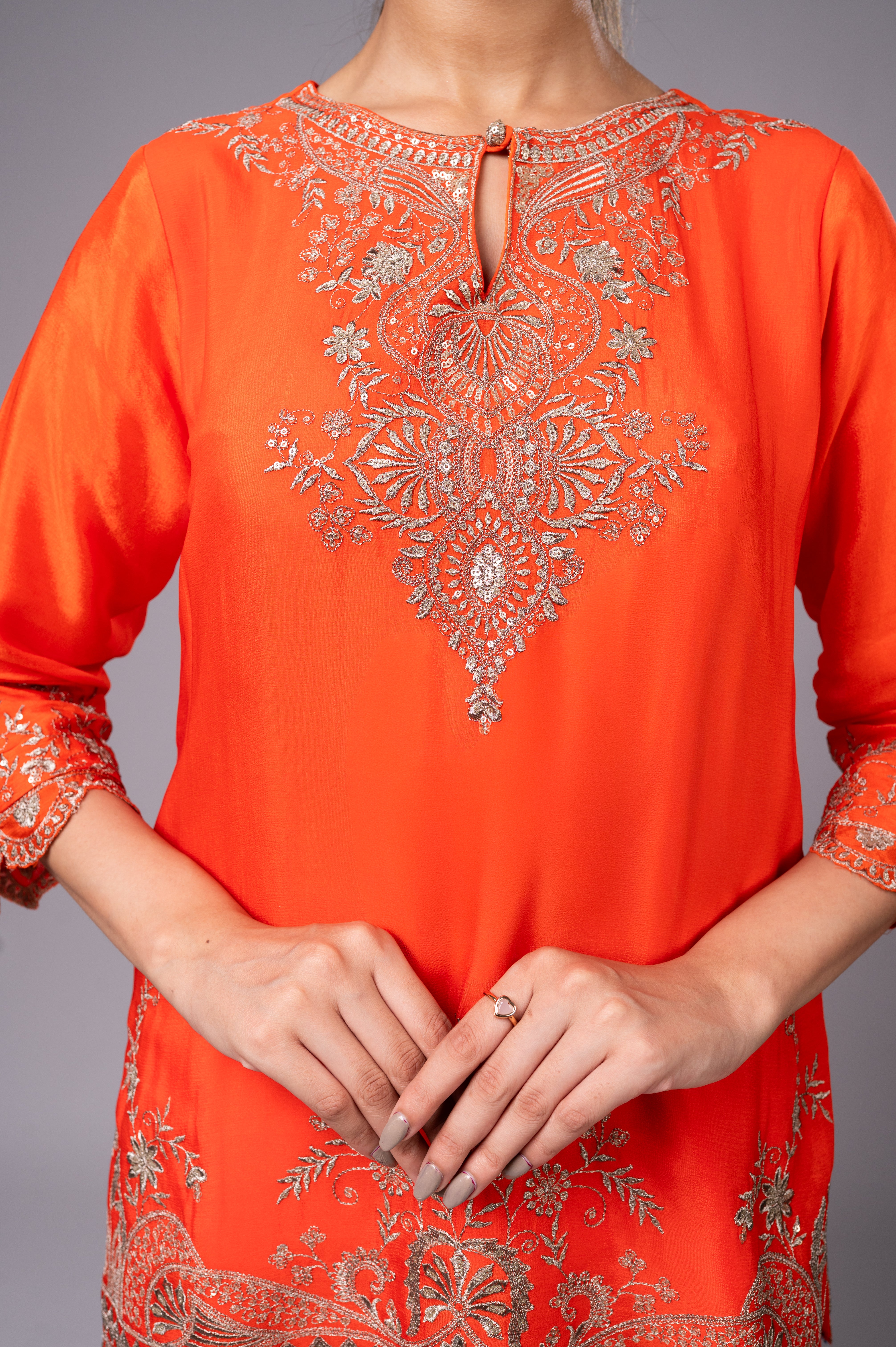 Rani Pink Crepe Kurta Sharara Set with Golden Zari Embroidery
