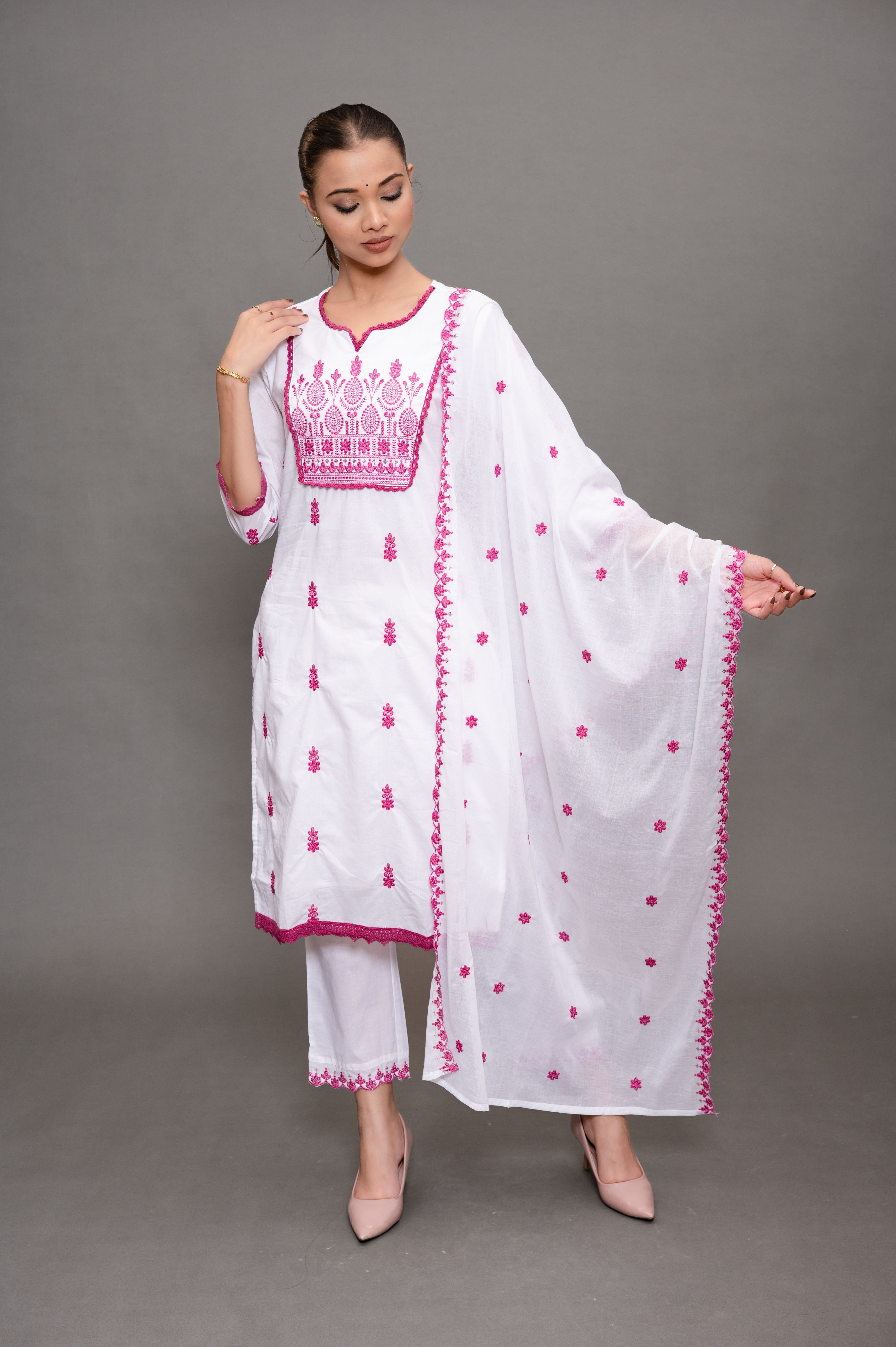 White Cotton Embroidery Suit with Pant and Dupatta