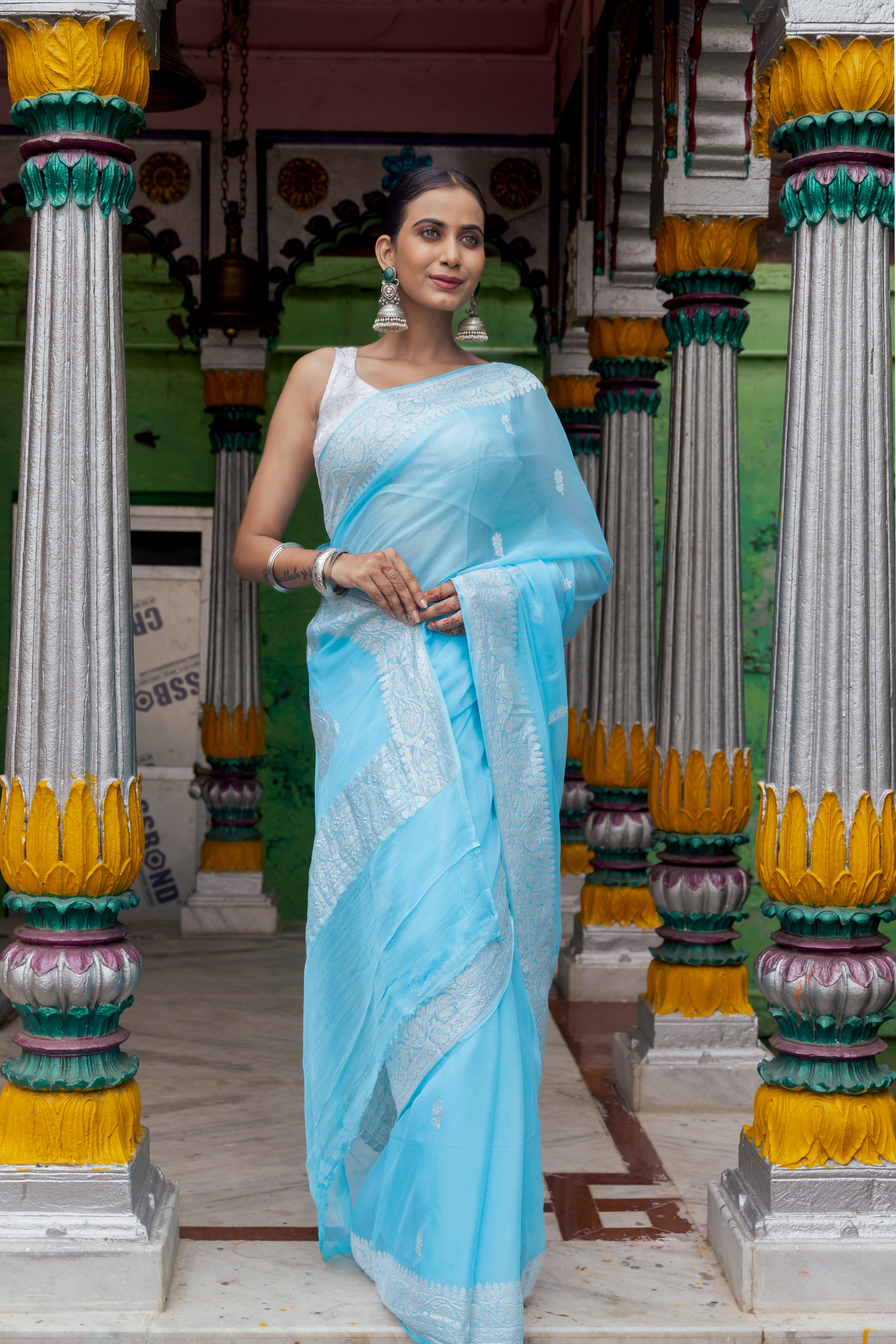 Handloom Peach Pure Khaddi Chiffon Banarasi Saree