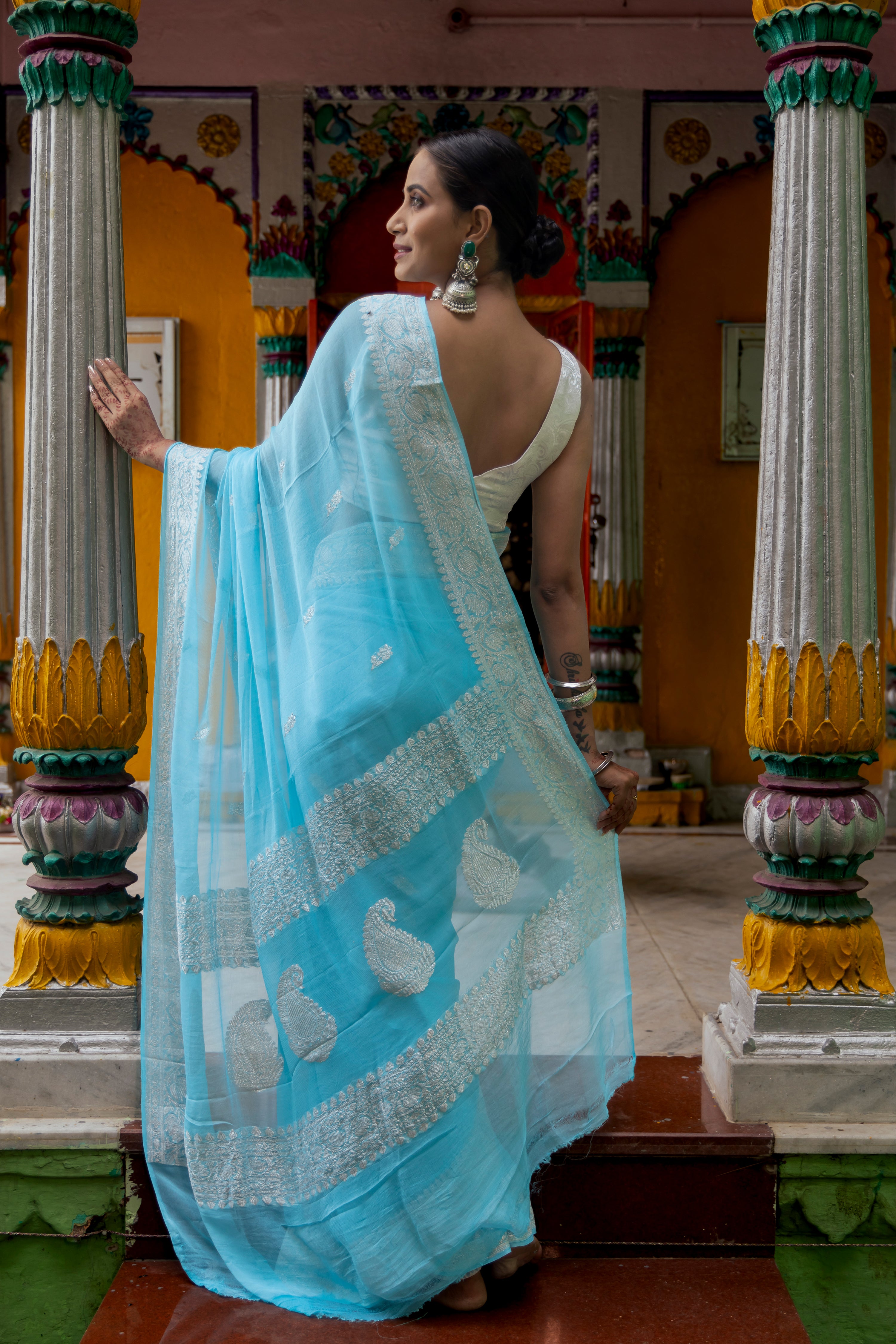 Handloom Peach Pure Khaddi Chiffon Banarasi Saree