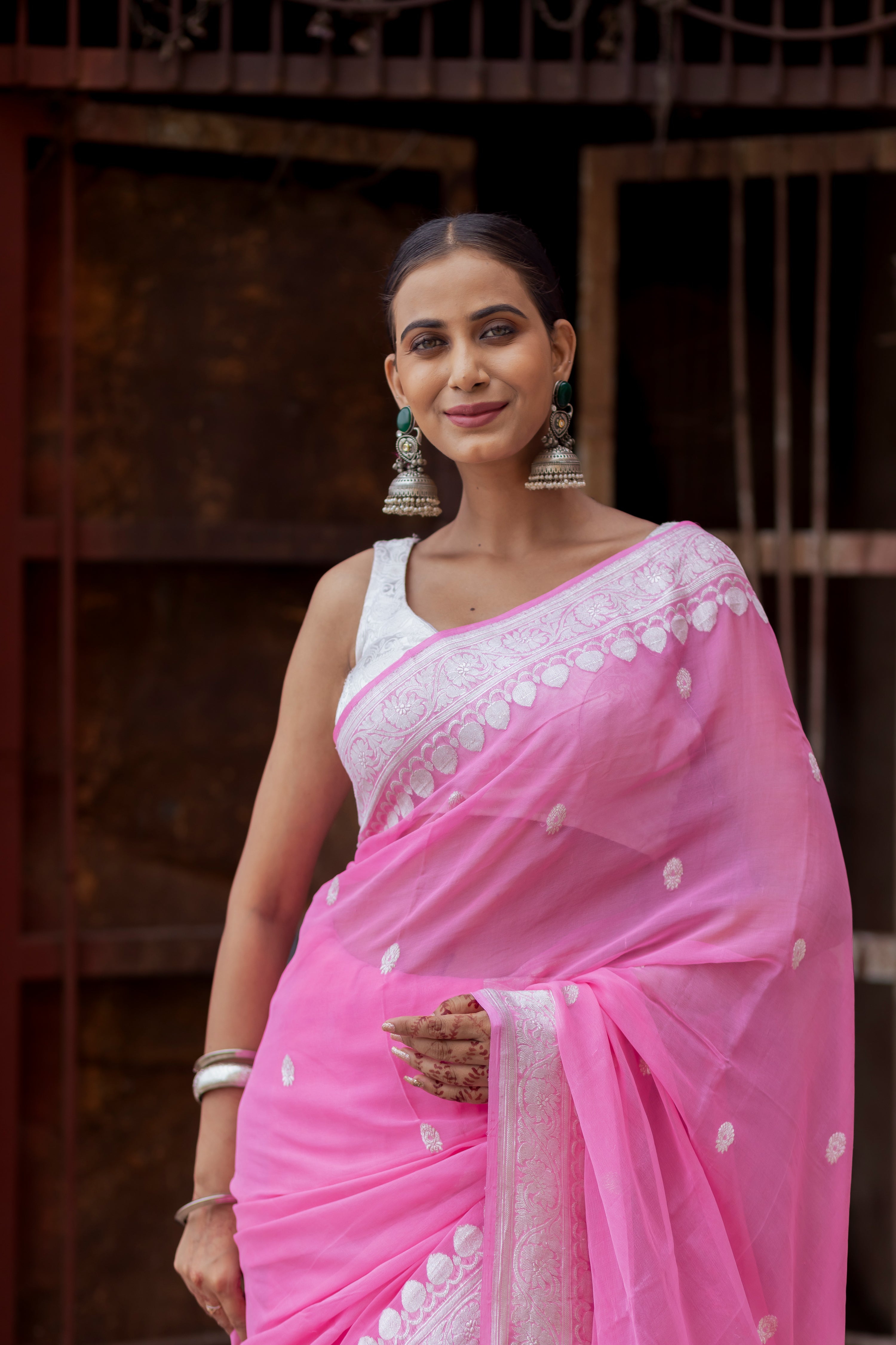 Handloom Peach Pure Khaddi Chiffon Banarasi Saree