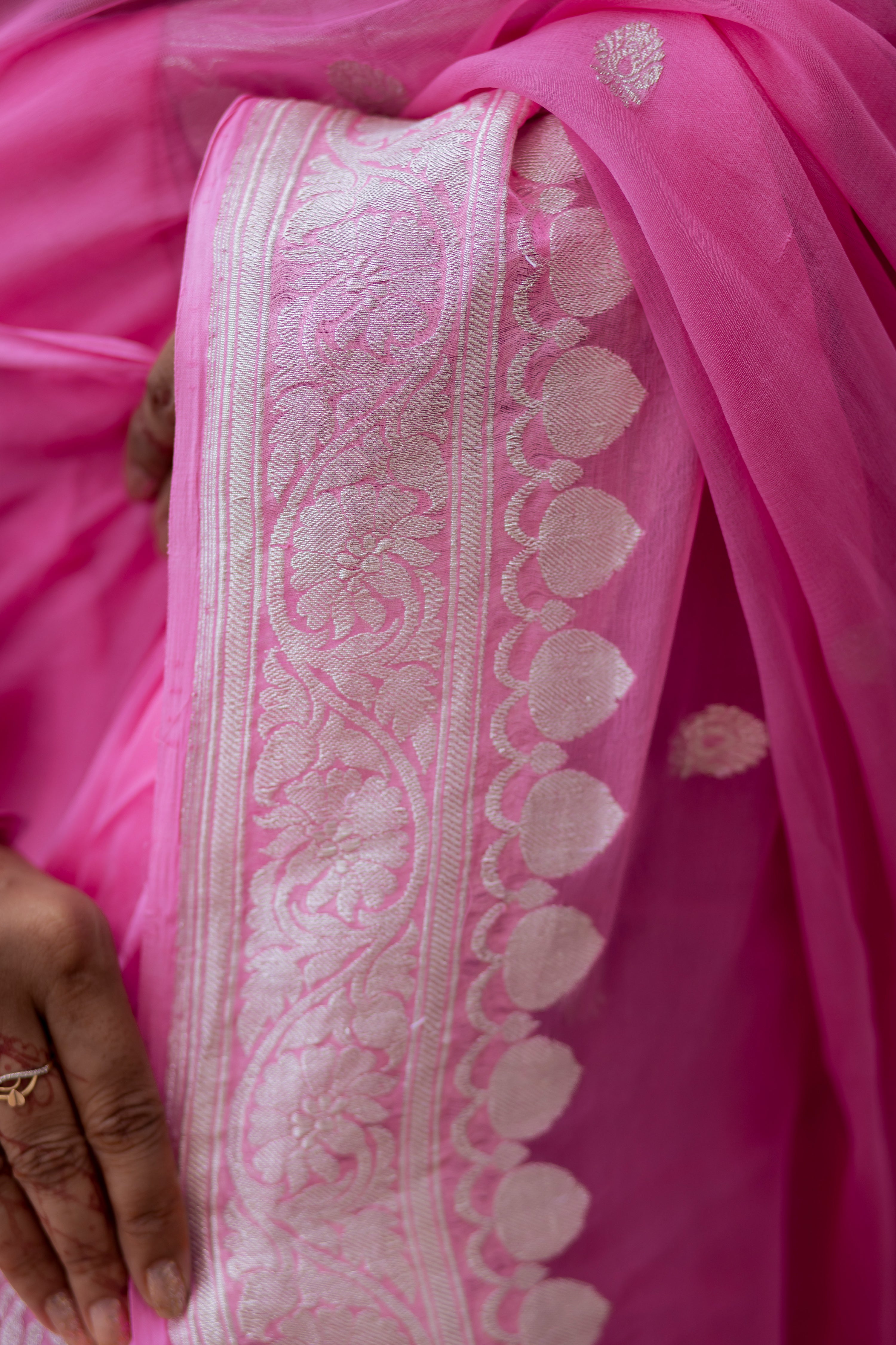 Handloom Peach Pure Khaddi Chiffon Banarasi Saree