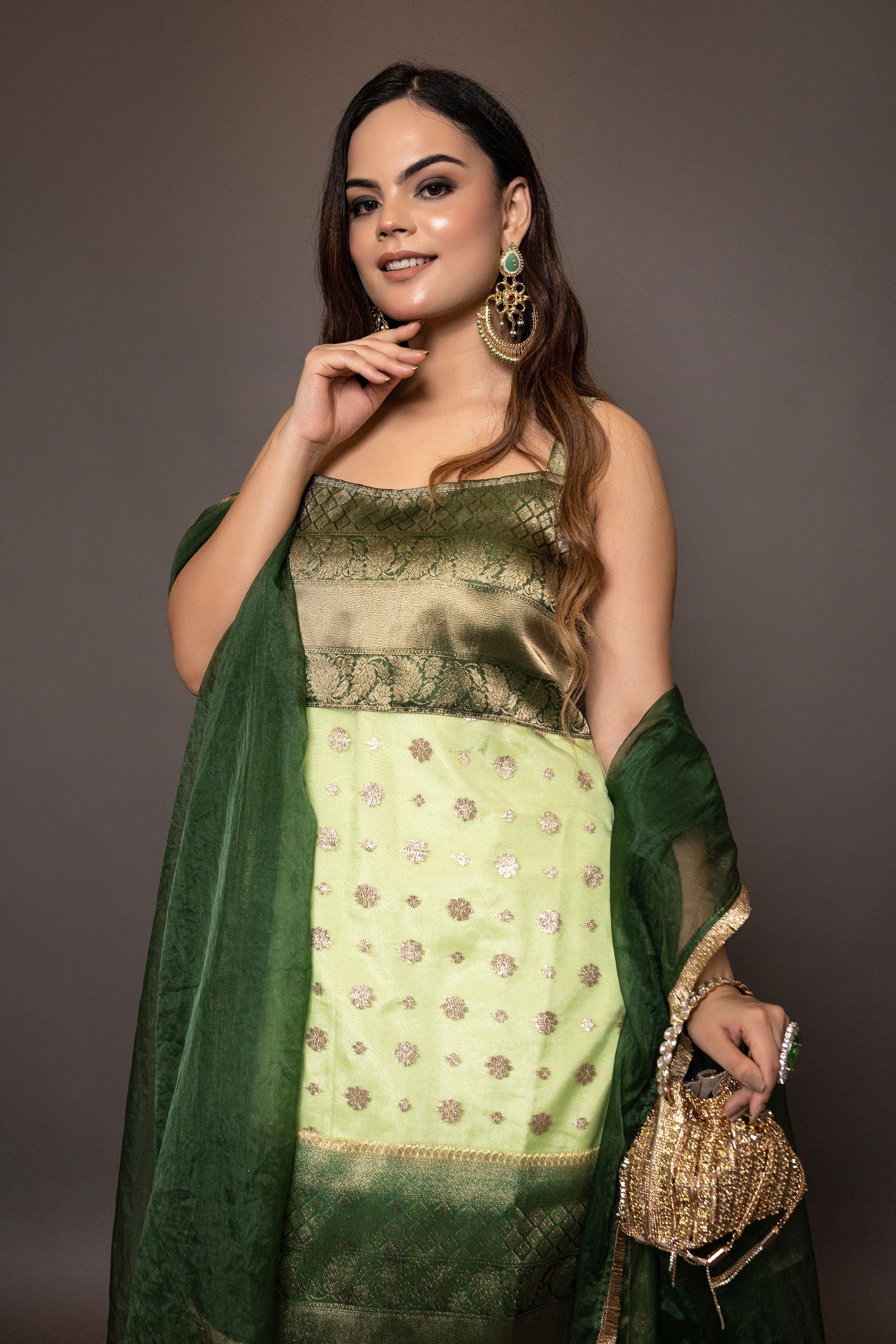 Parrot Green Buti Organza Suit with Kali Skirt and Matching Lace Dupatta - Mayrake