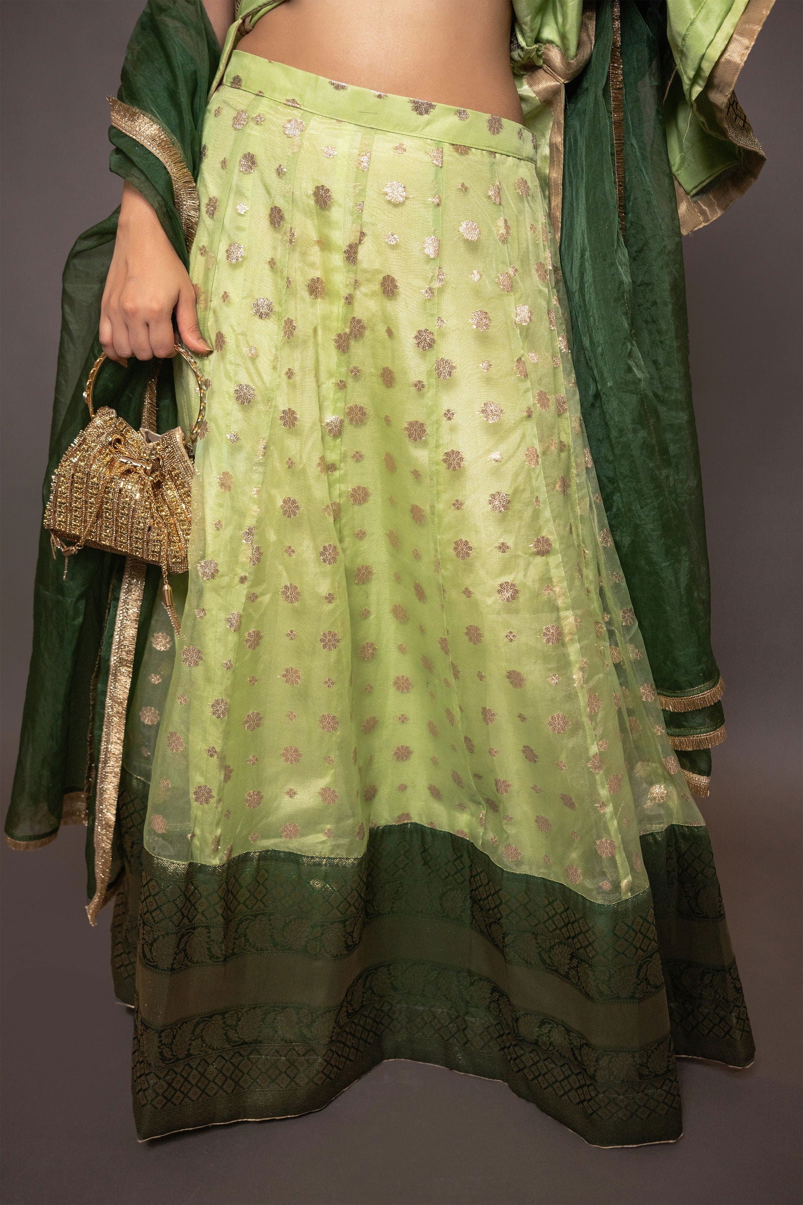 Parrot Green Buti Organza Suit with Kali Skirt and Matching Lace Dupatta - Mayrake