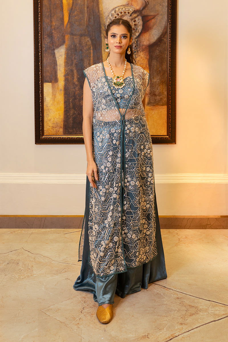 Pastel Gray Embroidered Crepe Chiffon Tank Top with Wide Pants and Long Jacket and Ready-to-Wear Saree - Mayrake -