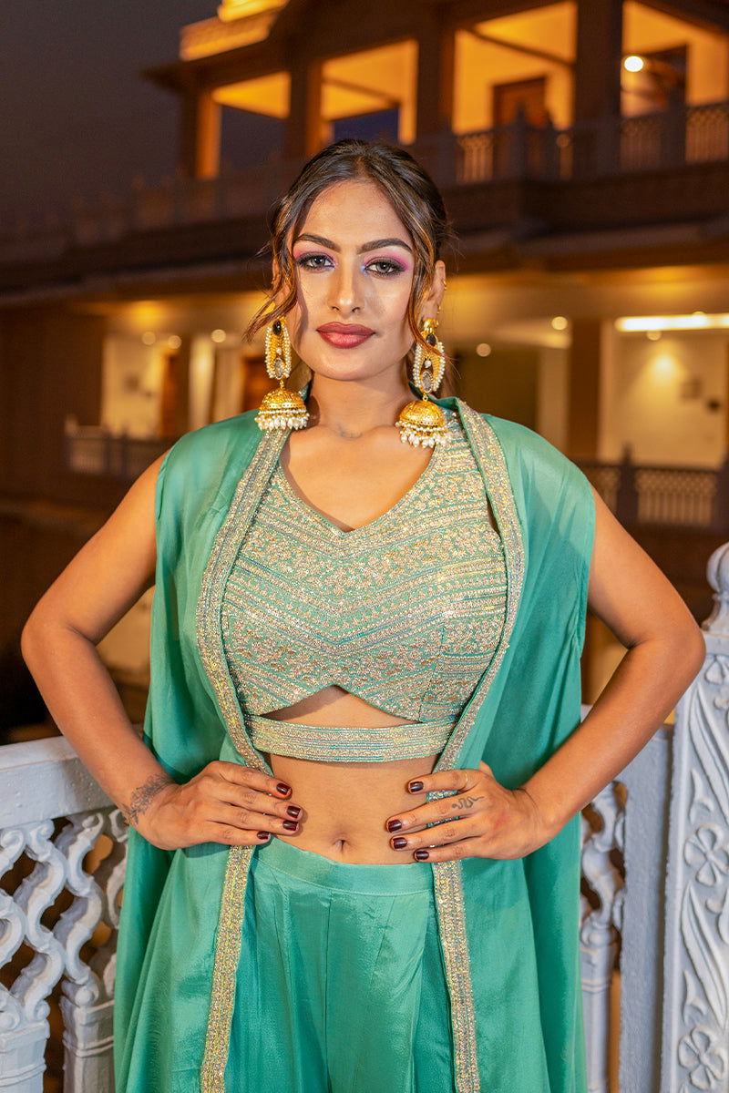 Pastel Green Embroidered Crepe Chiffon Tank Top with Solid Palazzo Pants and Full Shrug - Mayrake -