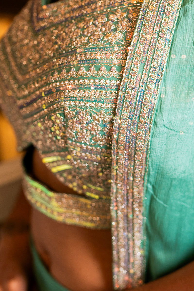 Pastel Green Embroidered Crepe Chiffon Tank Top with Solid Palazzo Pants and Full Shrug - Mayrake -