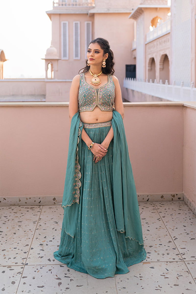 Pastel Green Sequin Buti Skirt with Zardosi Crop Top and Lace Dupatta - Mayrake.in