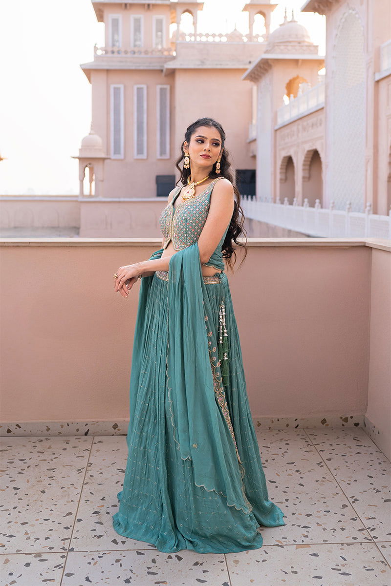 Pastel Green Sequin Buti Skirt with Zardosi Crop Top and Lace Dupatta - Mayrake.in