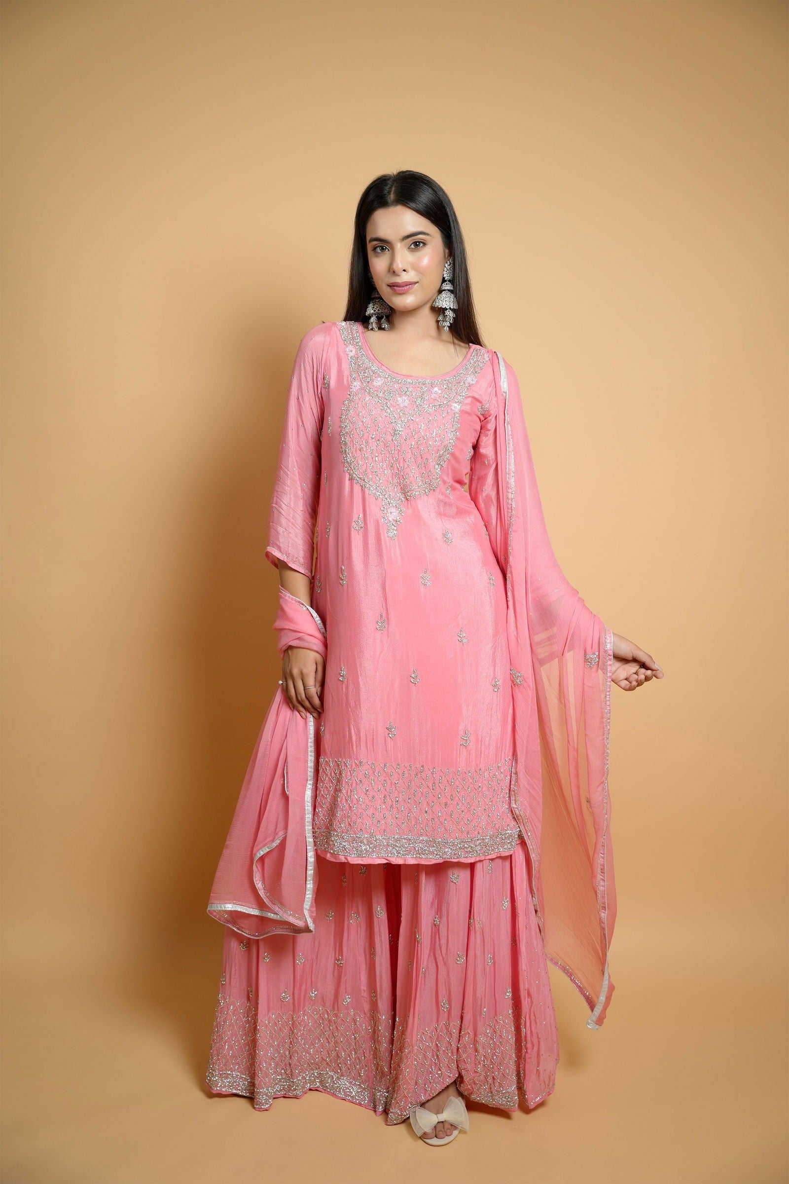 Peach Georgette Hand-Embroidered Sharara Suit - Mayrake.in