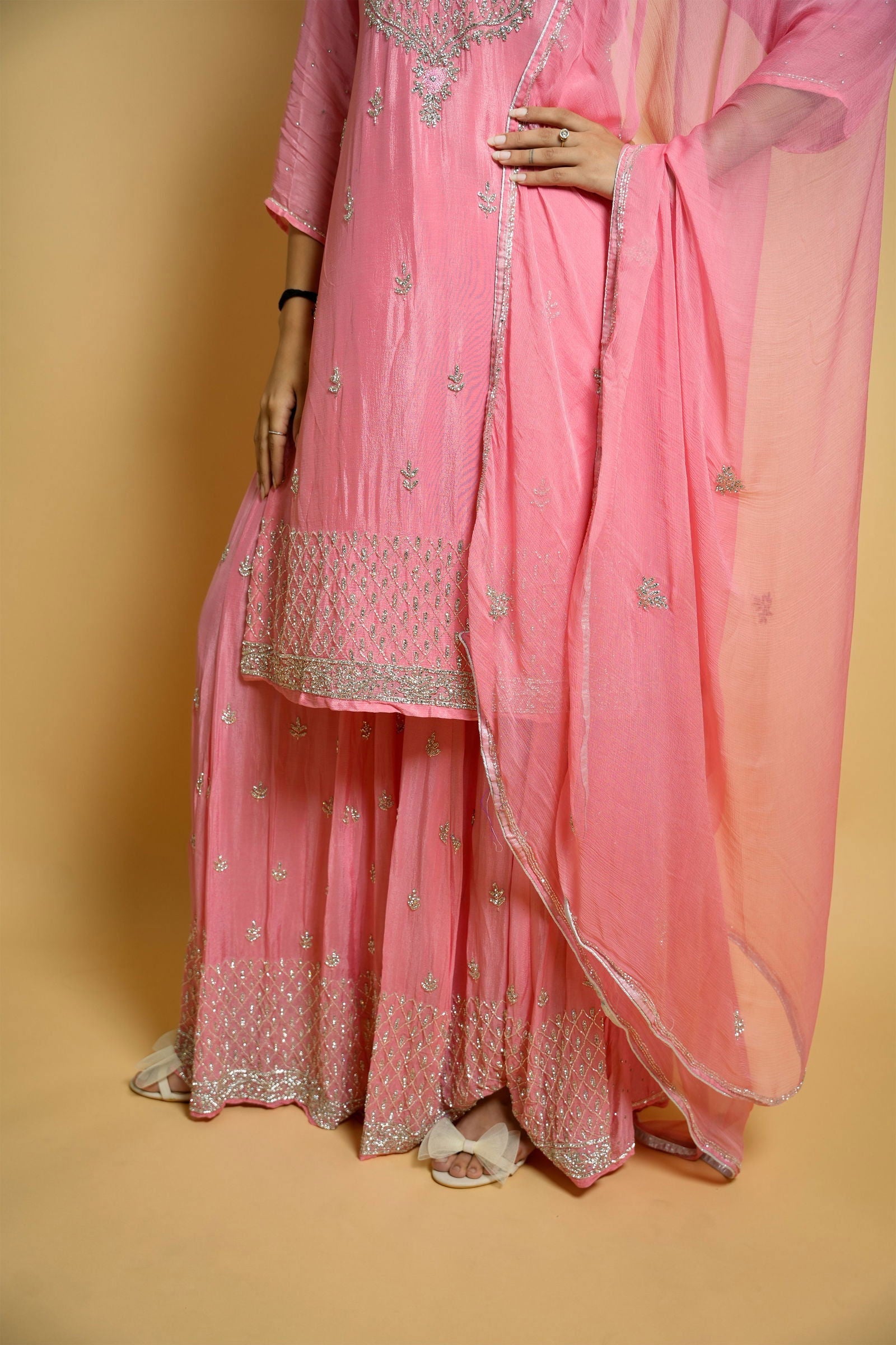Peach Georgette Hand-Embroidered Sharara Suit - Mayrake.in