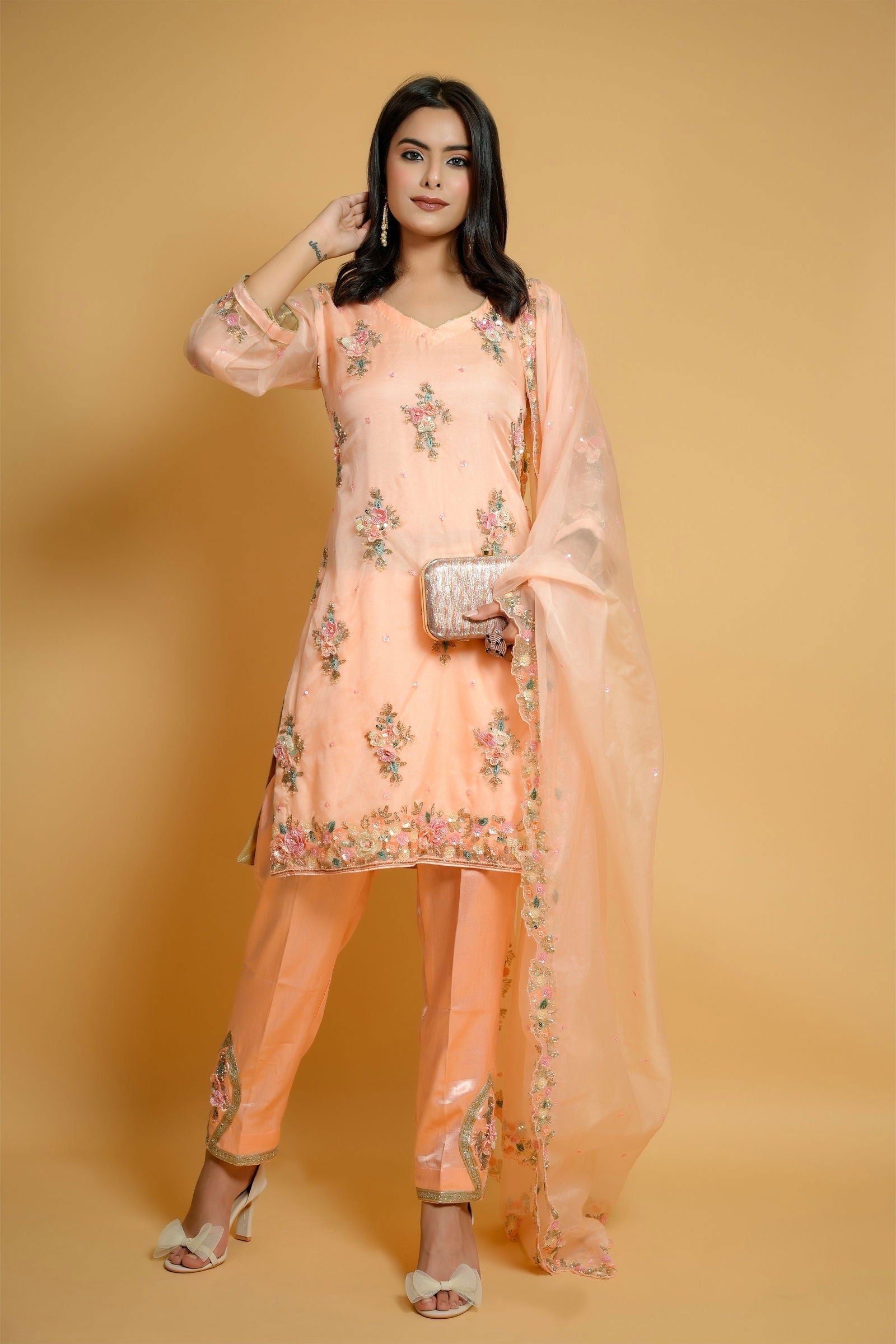 Peach Organza Hand-Embroidered Suit - Mayrake.in