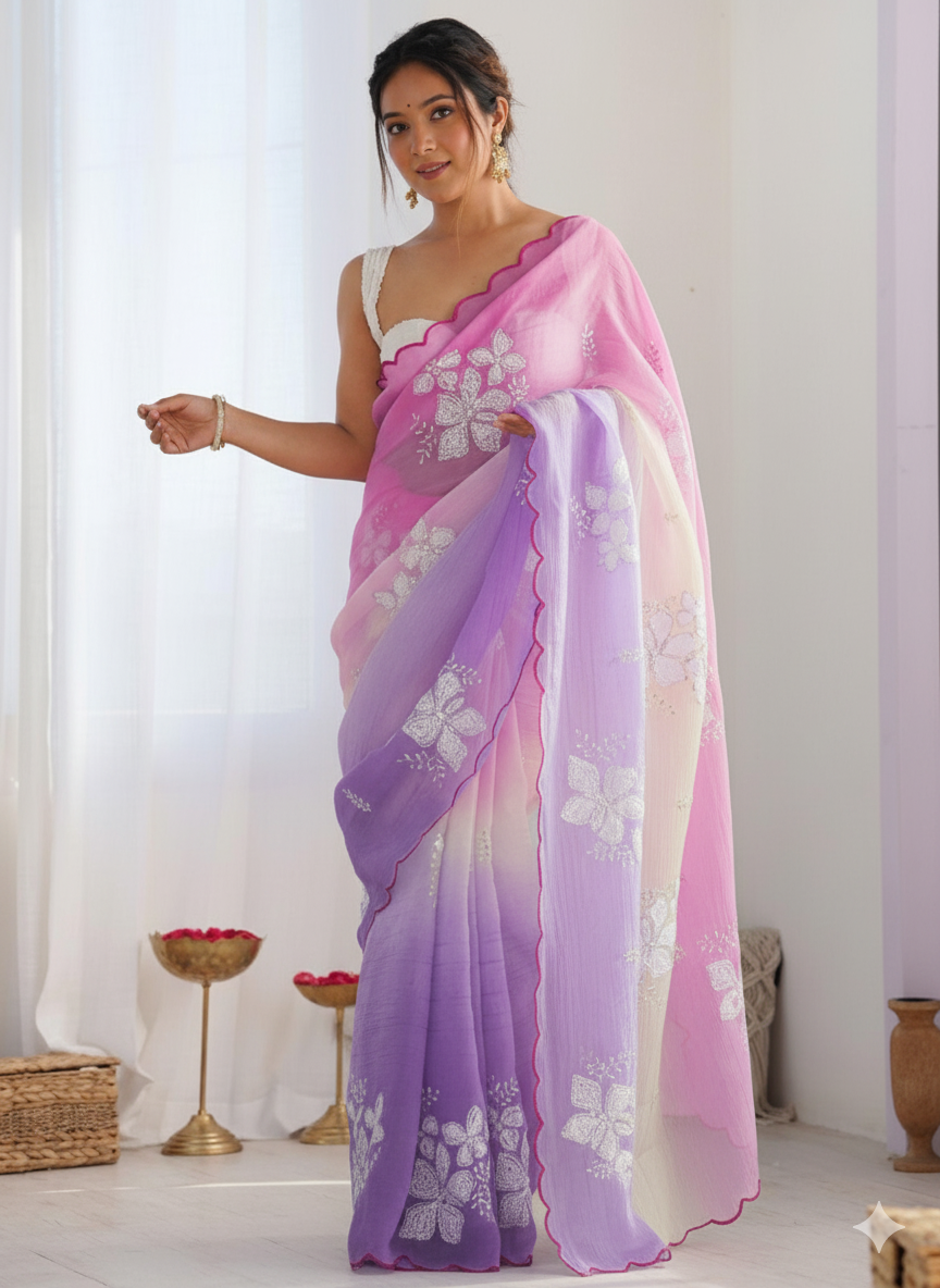 Peach Purple Pastel-Shaded Soft Chinon Silk Saree with Sequin Embroidery and Khatli Work Border - Mayrake.in